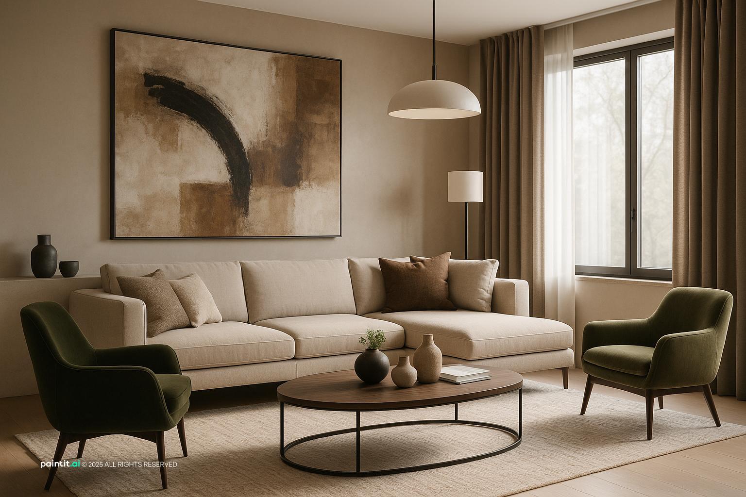 sage green and cream living room with natural textures and a calm living room atmosphere.