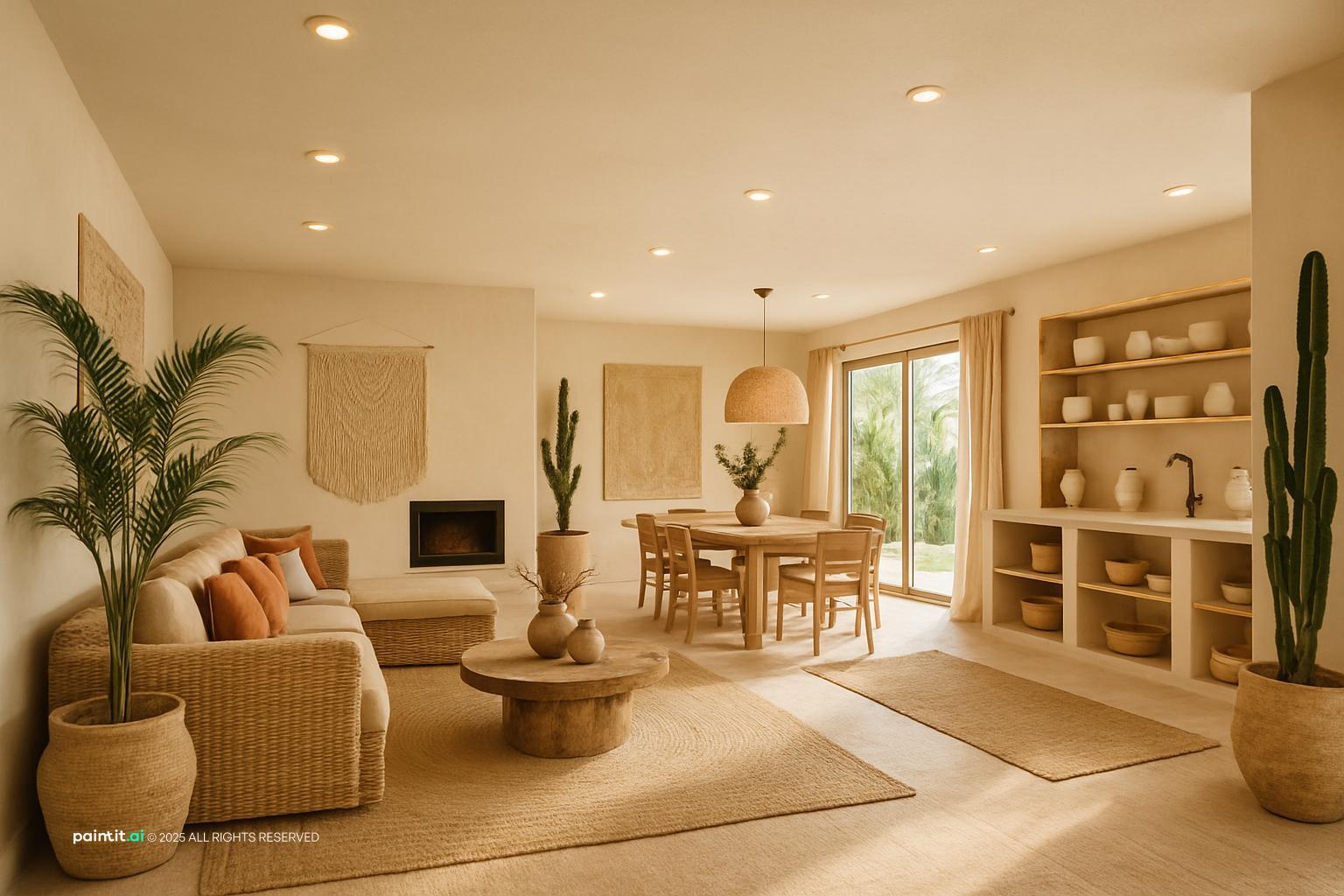 Tulum-style open living and dining area with warm plaster walls, built-in shelving, rattan chairs and cacti