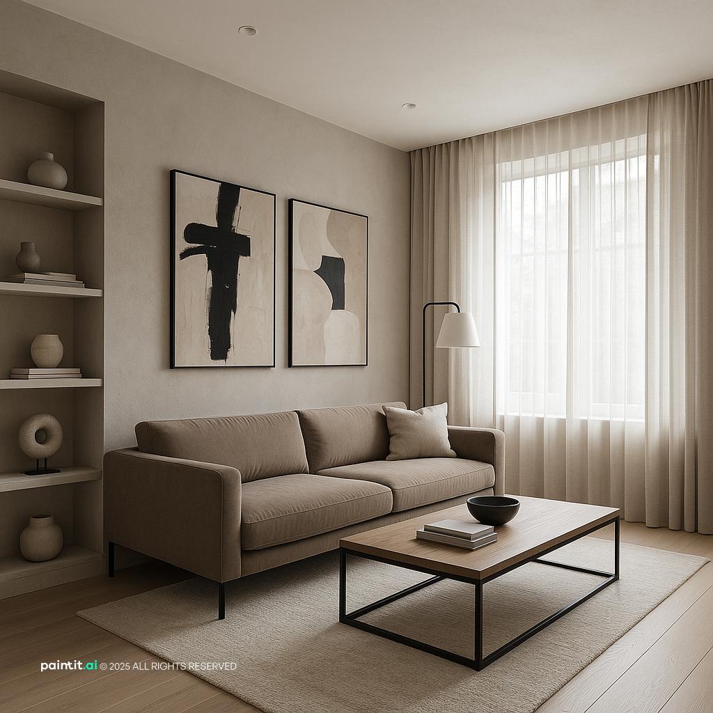 Modern Living Room Design in Neutral Tones showing beige foundation, metal accents, layered neutrals for Beige Living Room Ideas.