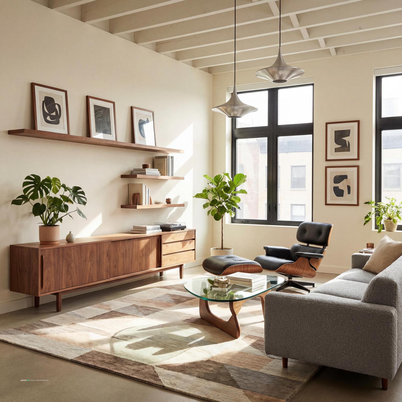 Stunning 70s inspired mid-century modern living room design, featuring iconic furniture, rich textures, and a nostalgic color palette.