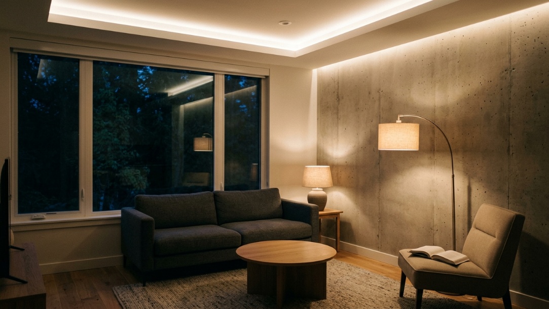 Living room visualization with layered ambient, task, and accent lighting.