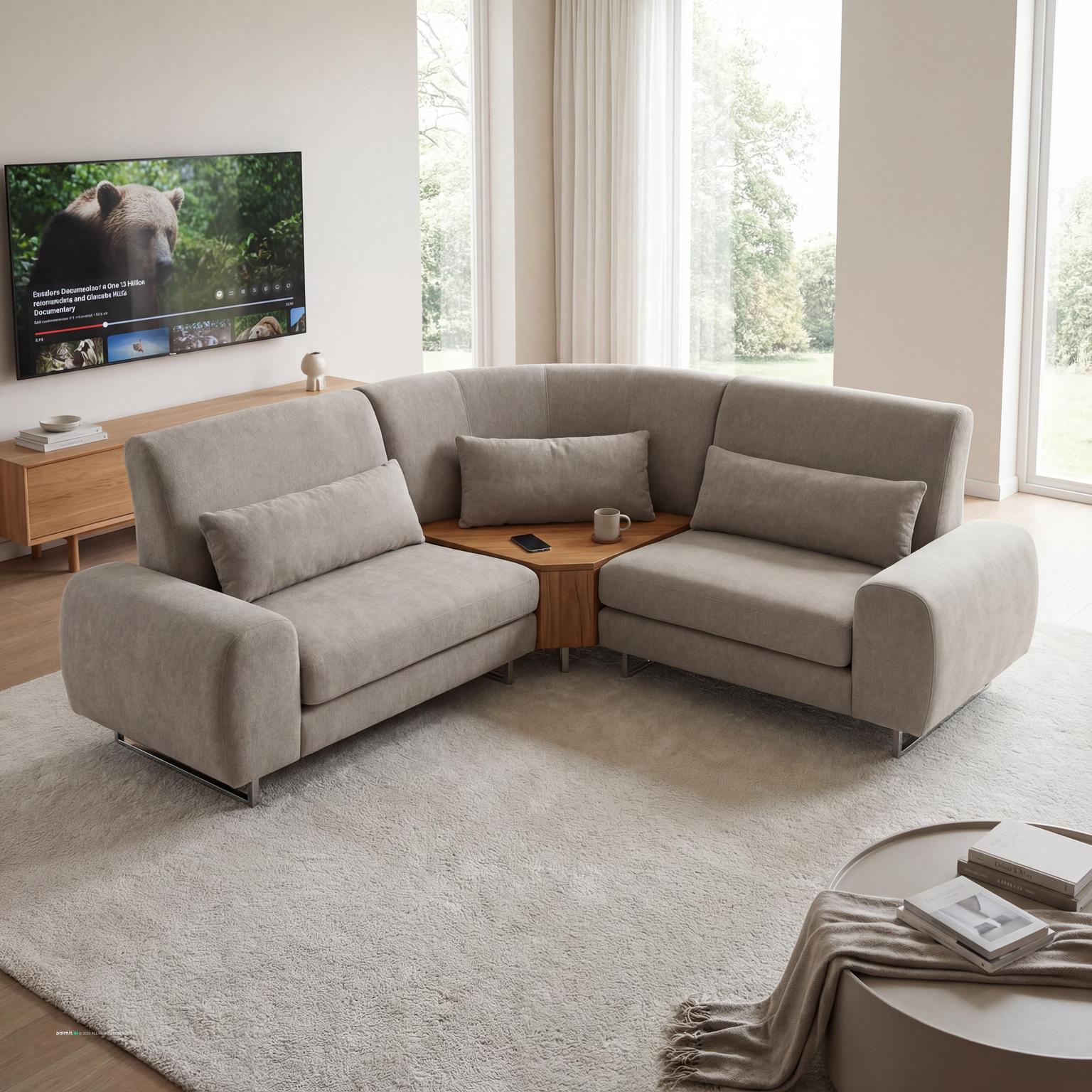 Luxury 80s inspired contemporary living room design, featuring high-gloss finishes, plush seating, and extravagant retro details.