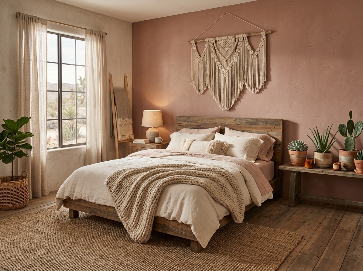 Rustic pink bohemian bedroom with terracotta accent wall, distressed wood  bed frame, macrame wall hanging, jute rug, and layered linen bedding