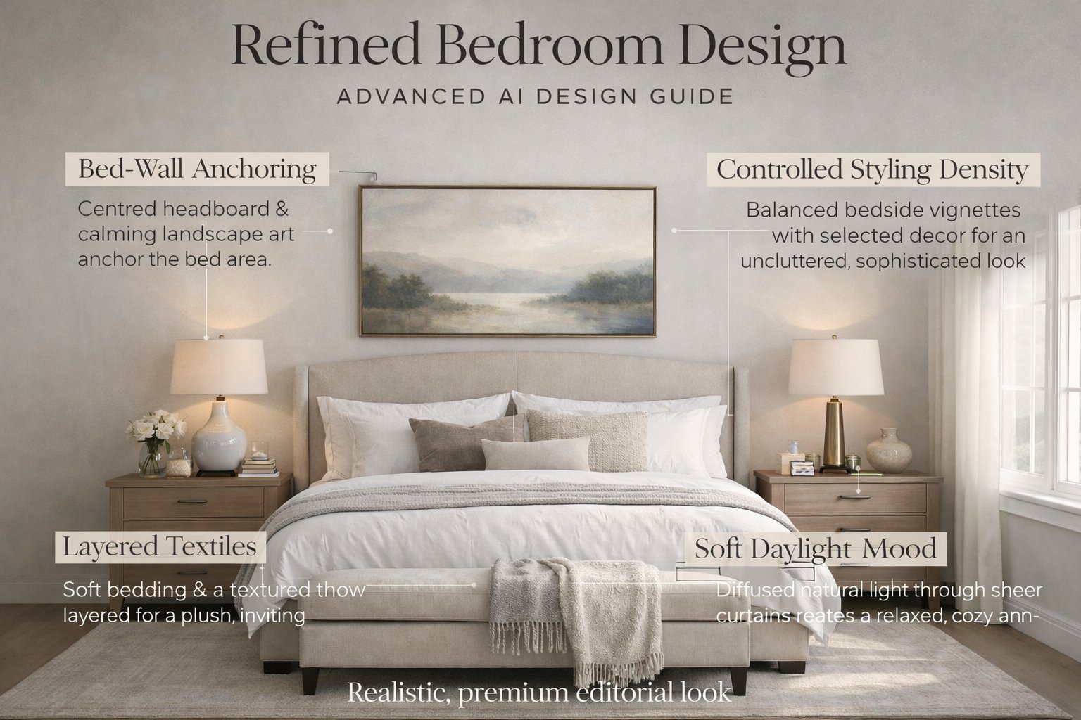 Advanced bedroom design techniques shown in a clean tutorial visual