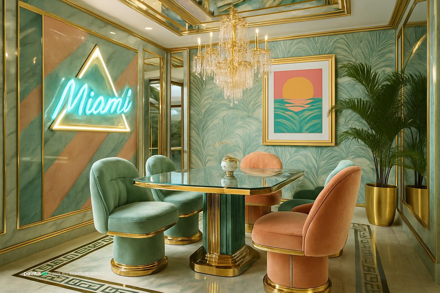 Miami Art Deco lounge with neon sign, chrome, and pastel seating