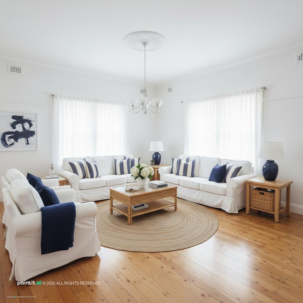 New England coastal Colonial interior with painted wood navy accents and natural light 5