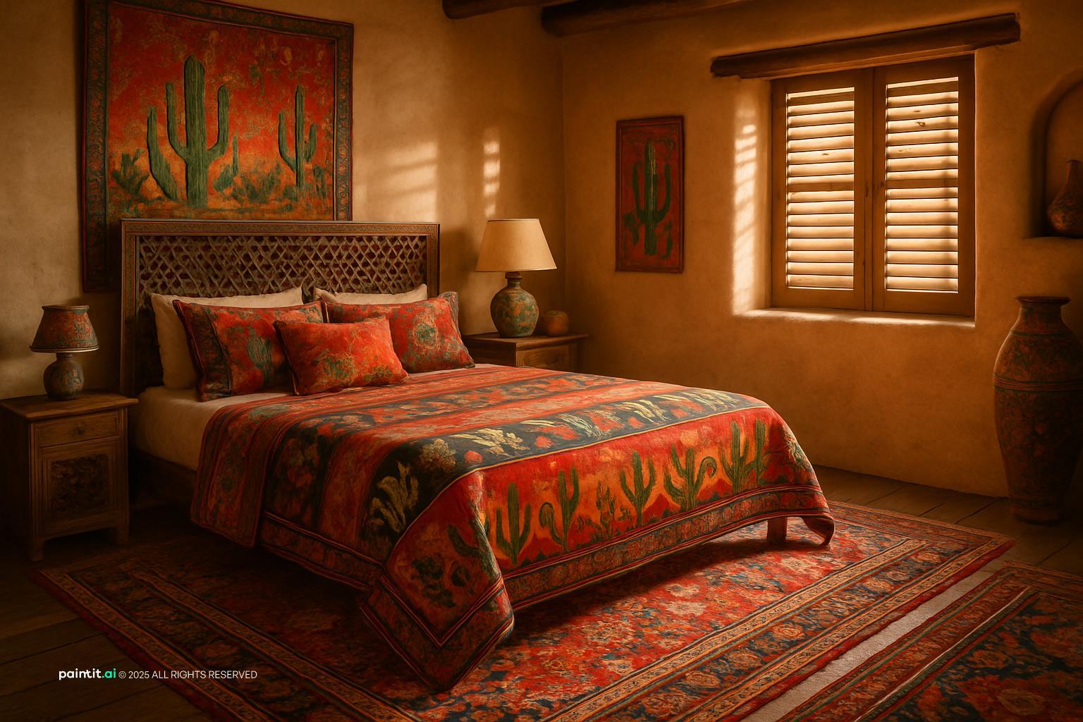 New Mexico Southwestern interior with adobe terracotta turquoise textiles and exposed beams 3