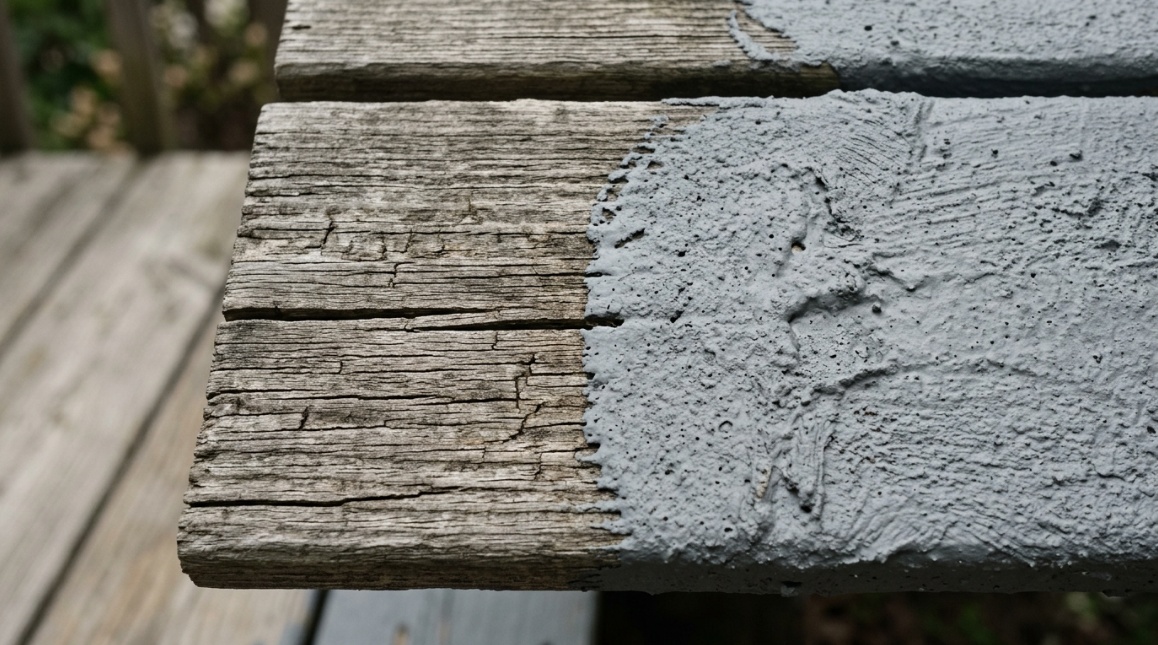 close-up of a weathered old wood deck board with visible checking and shallow cracks, partially covered with a thick gray restoration coating showing an uneven texture