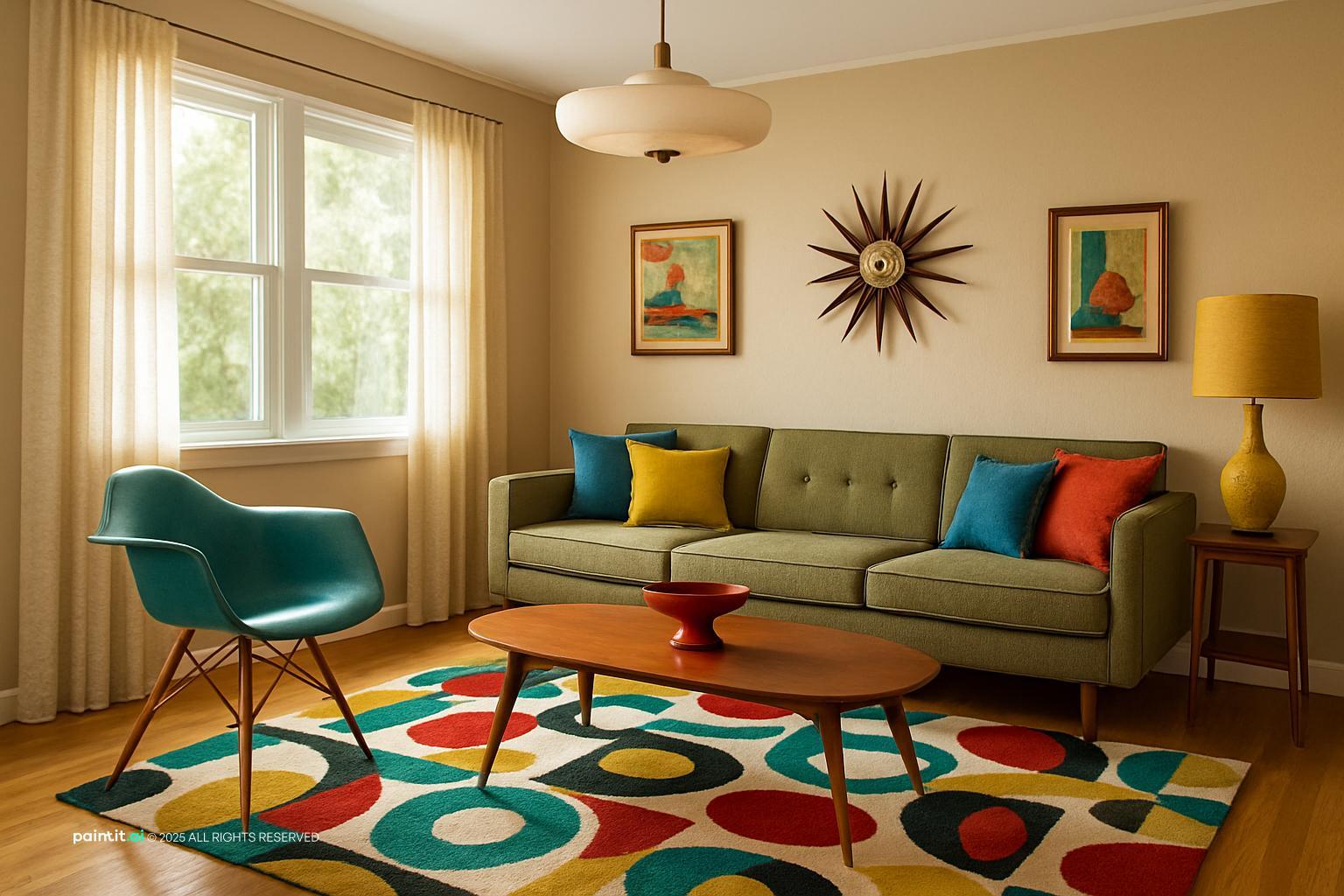 1950s living room with a green sofa, colorful cushions, a teal shell chair, a kidney-shaped table and a dotted rug