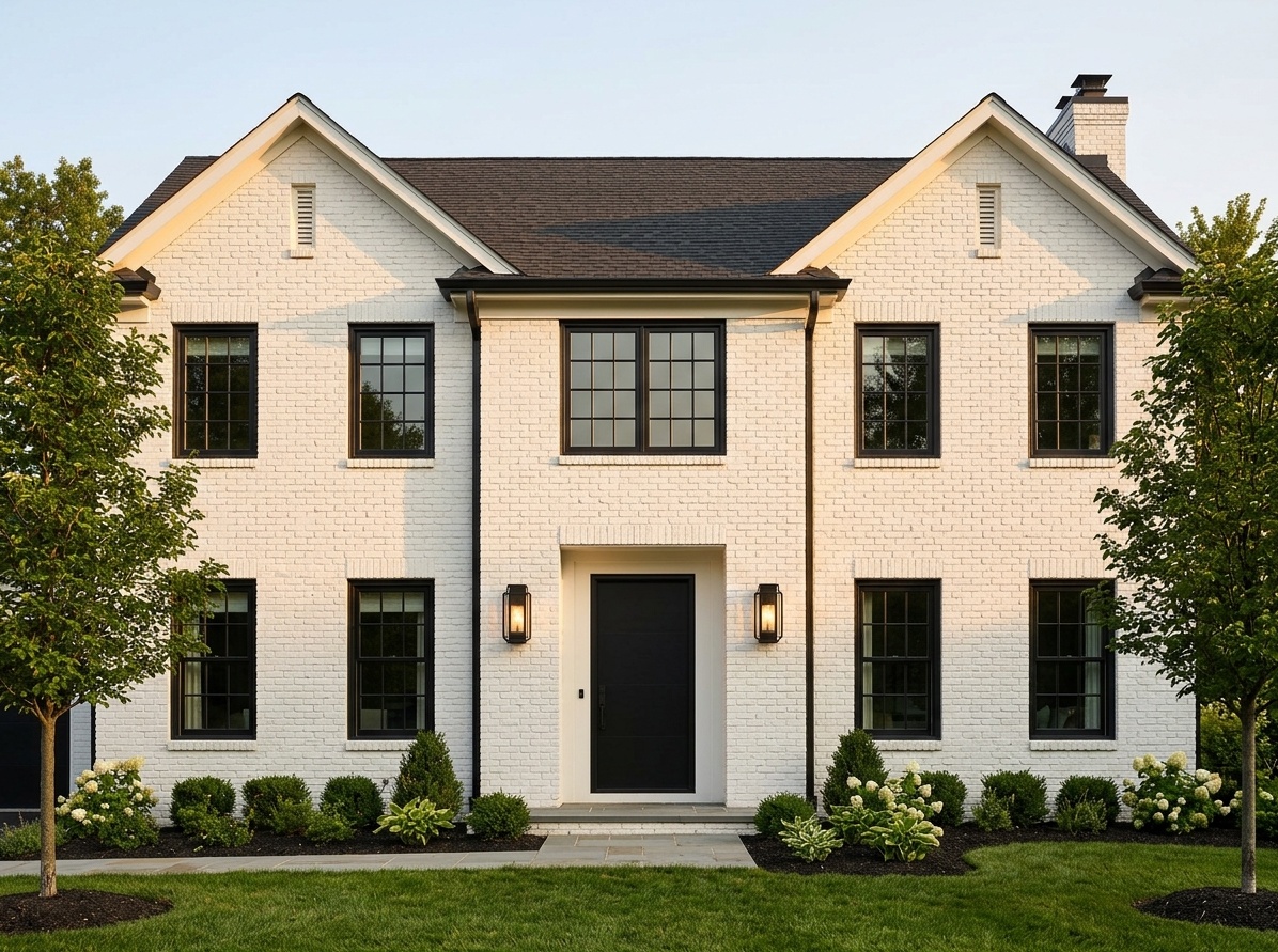 Traditional white painted brick house with matte black trim,  black modern front door, and black sconce lighting