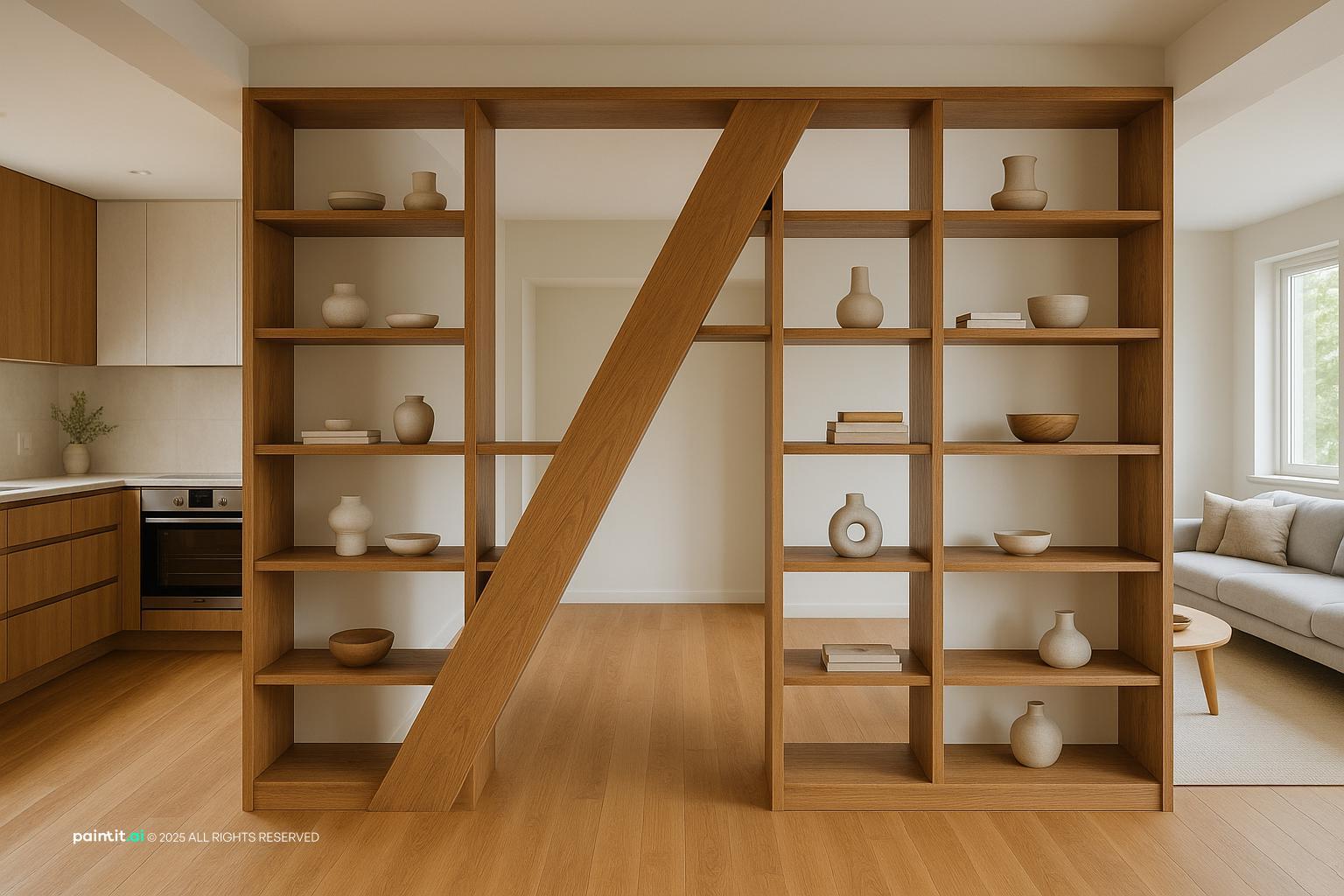 Apartment space connecting kitchen and living room with wooden shelves, great for wine living room ideas.