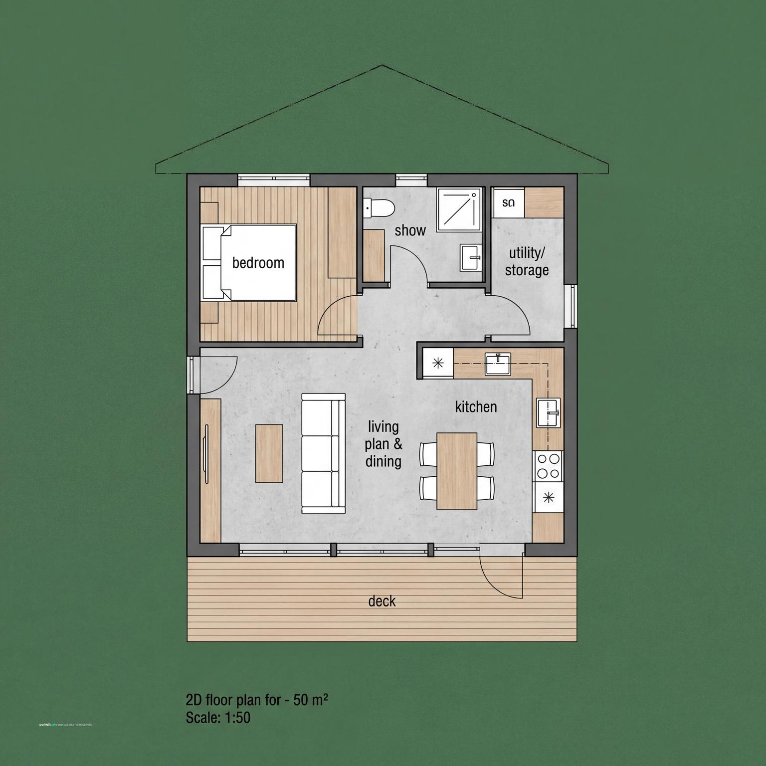 Modern 50 m² tiny house floor plan, featuring an efficient long narrow living room layout that maximizes every inch.
