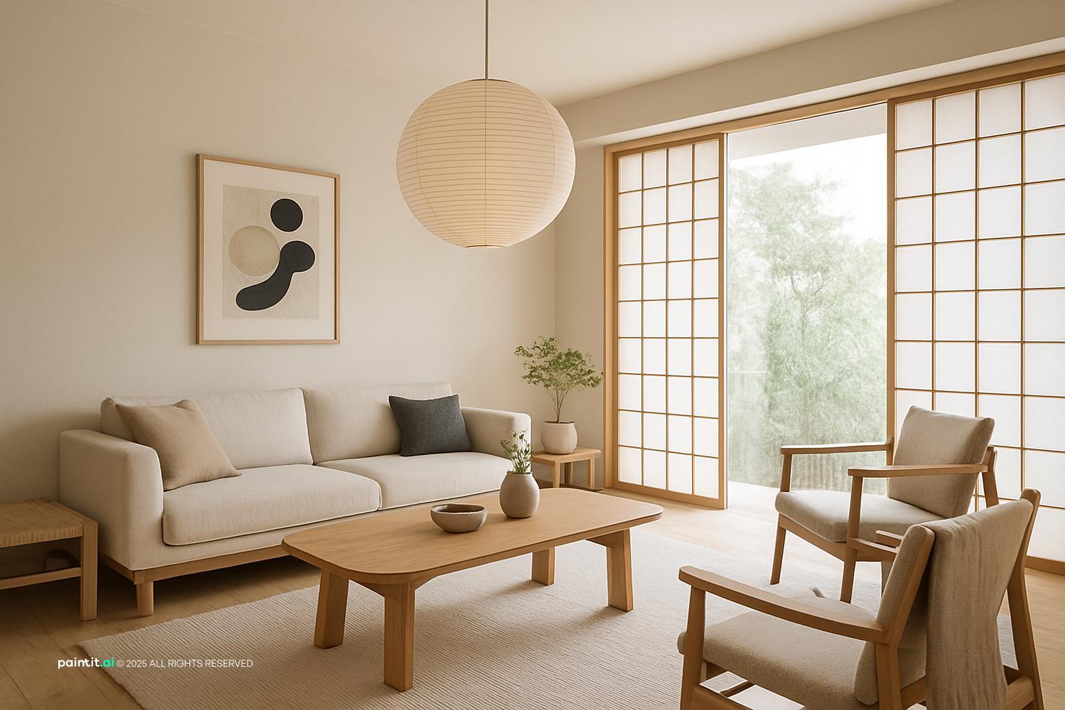 Japandi living room with shoji-style sliding screens, a paper lantern, a low sofa and a wooden coffee table