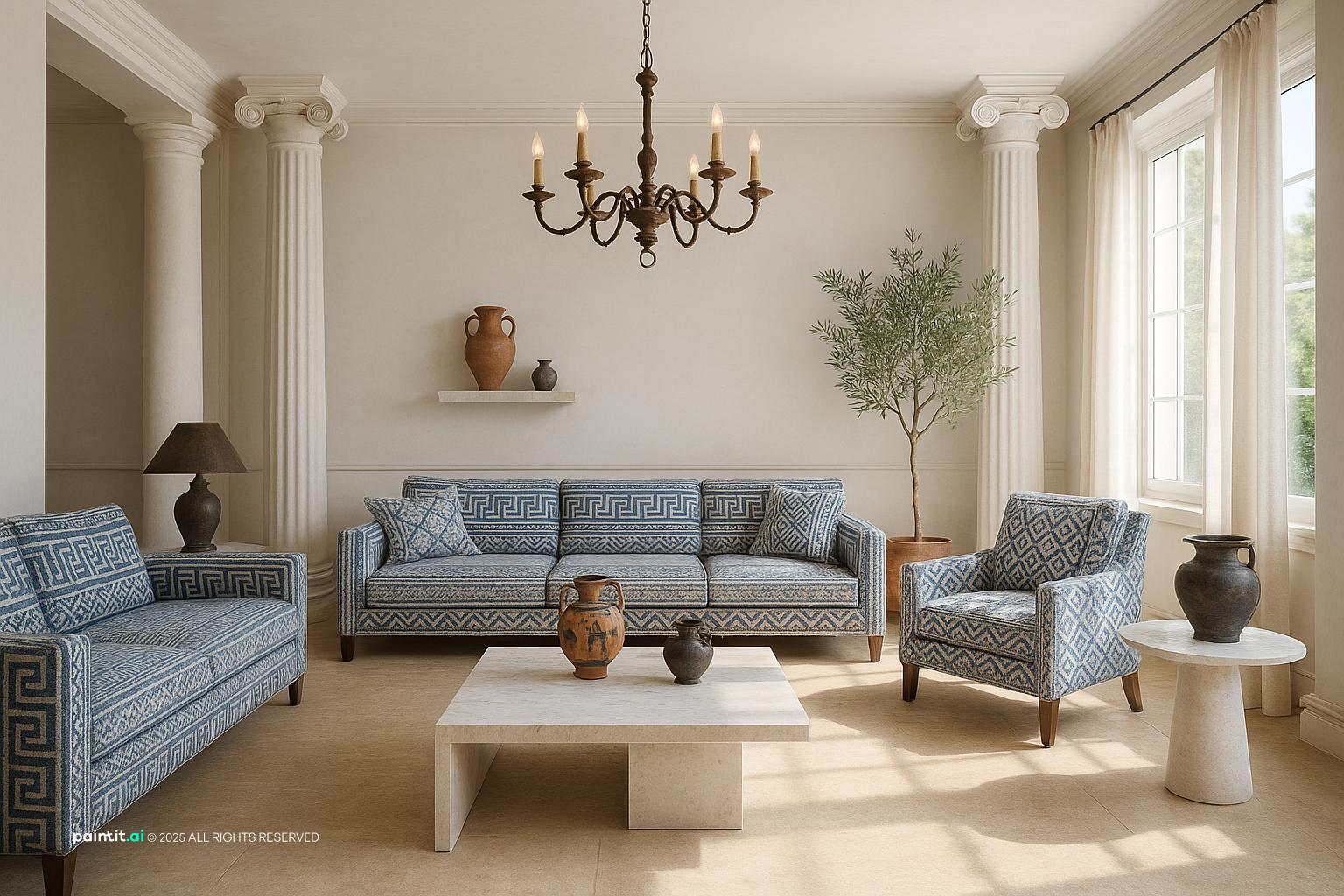 Greek-themed living room with white, blue, and natural materials