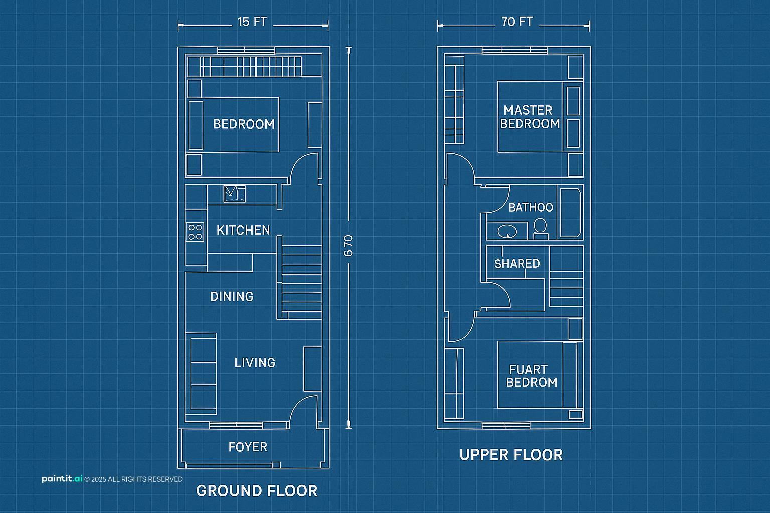 Narrow House Design Blueprint with windows and compact and a calm living room atmosphere.