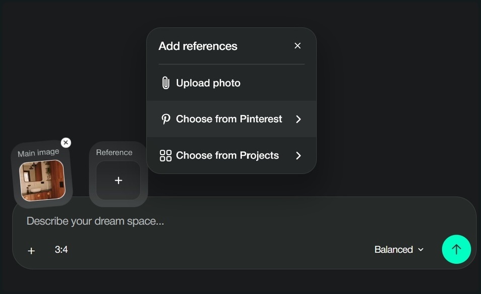 Paintit.ai reference menu showing options to upload a photo, choose from Pinterest, or choose from existing projects.