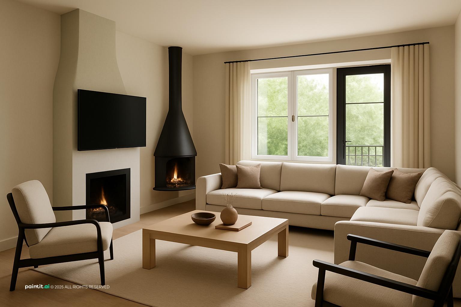 Living room with a black corner fireplace, a cream sofa, wooden armchairs and a low table