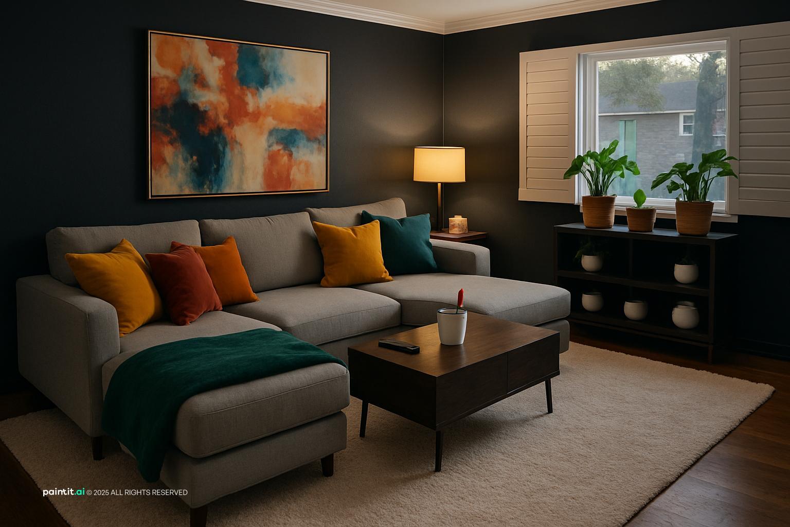 Living room with a dark wall, a large colorful painting, a gray sofa with teal and orange cushions