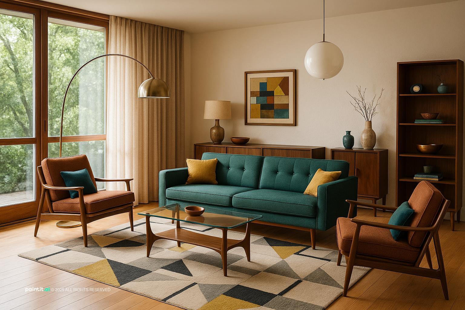 Mid-century living room with a teal sofa, a mustard armchair, walnut furniture and a patterned rug
