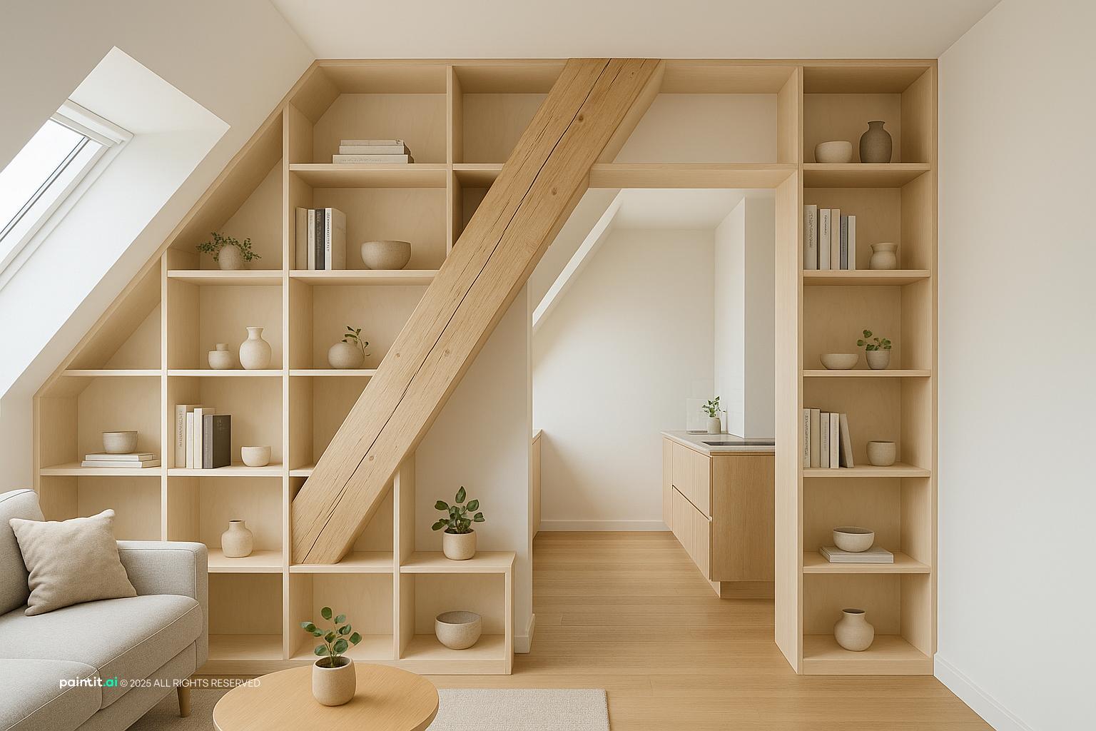 Attic apartment passageway with built-in shelving, ideal for wine living room ideas and display.