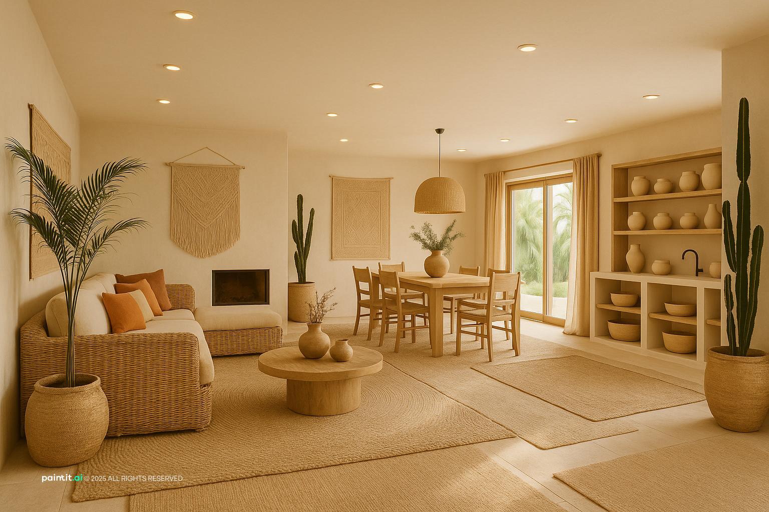 Tulum-style living and dining area with woven wall hangings, a round coffee table and potted palms