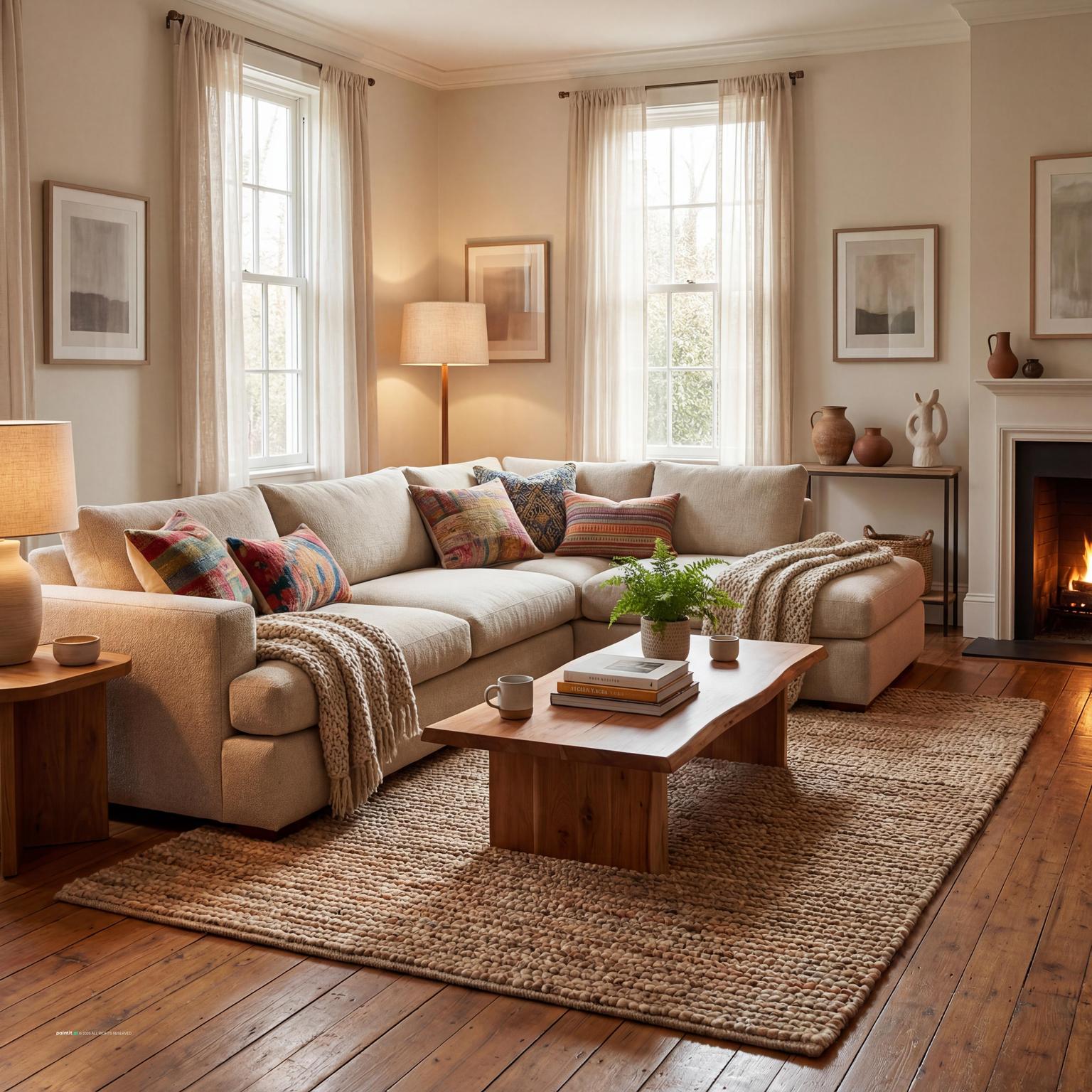 Cozy Ultra-Photorealistic Living Room Design showing zoned seating, compact proportions, soft textiles for Small Living Room Layout Ideas.