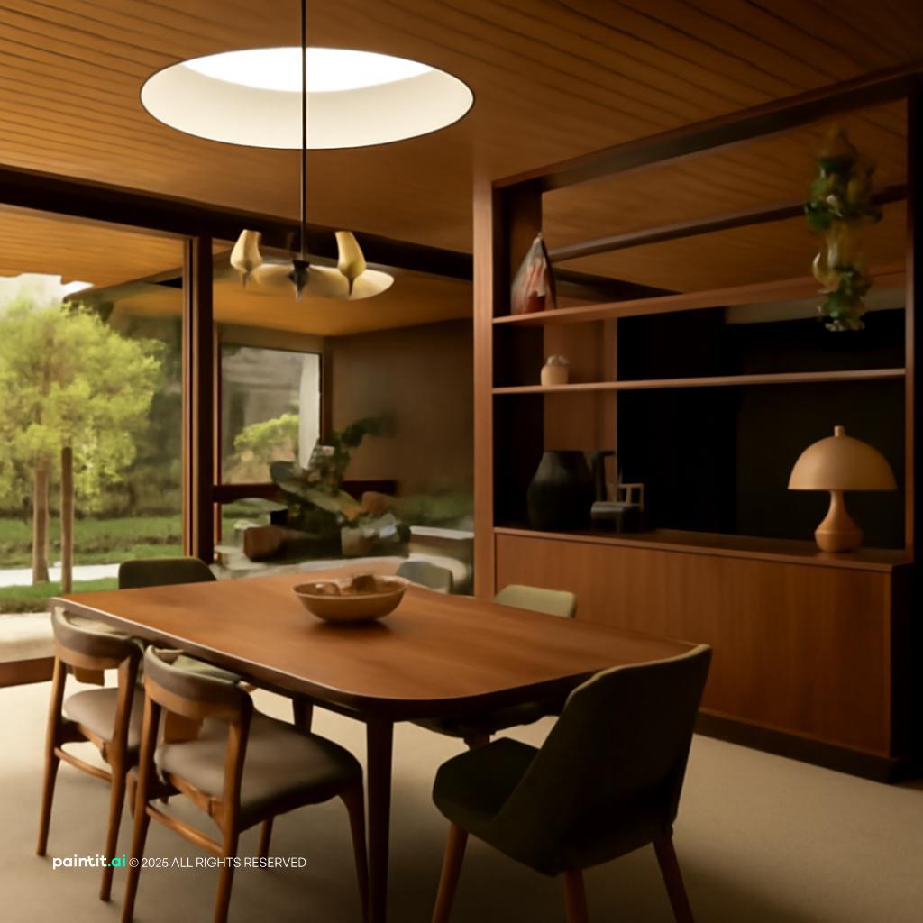 Mid-century dining room lined in warm wood with a round table, a globe pendant and windows onto trees