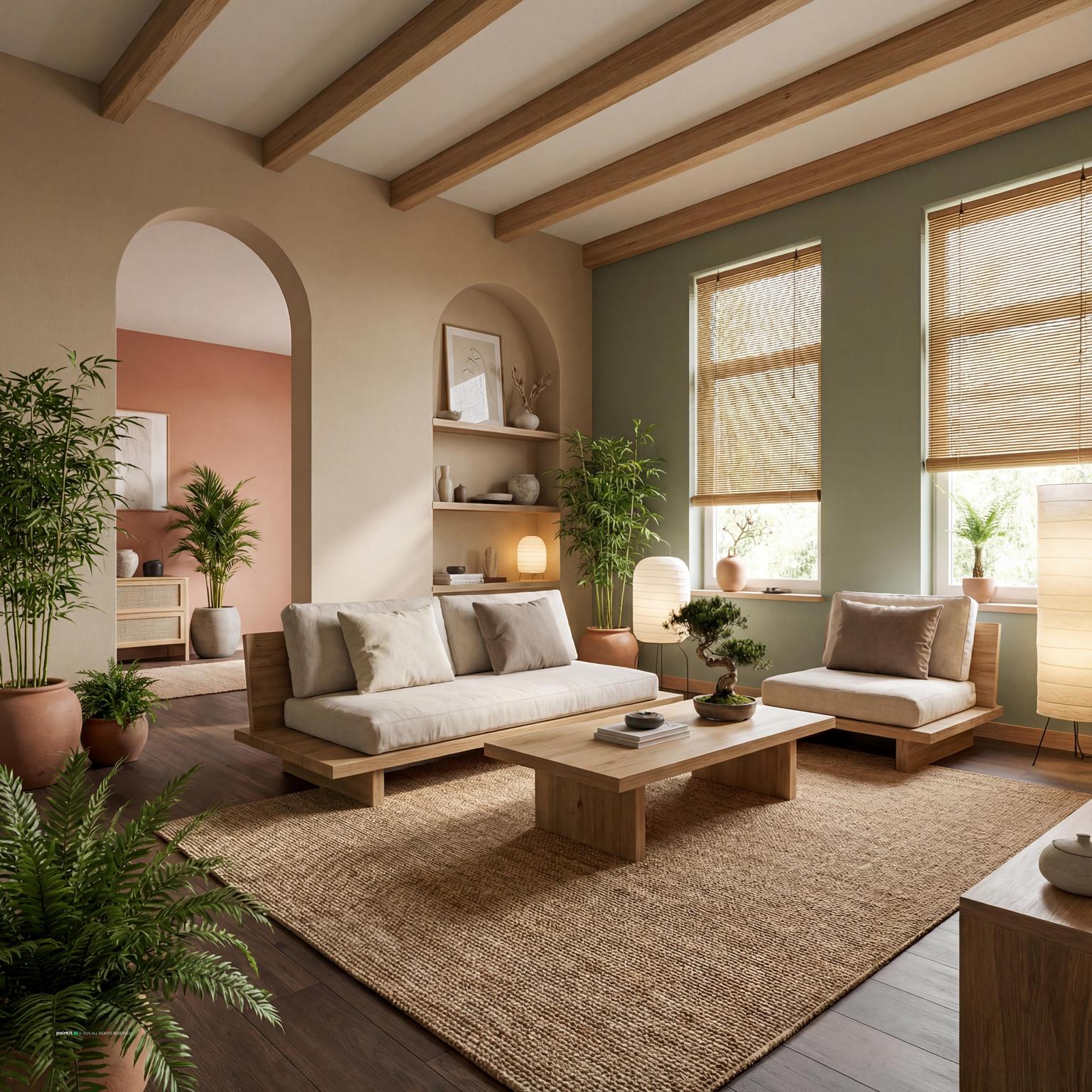 Zen living room with beams, low furniture, soft neutral tones and plants