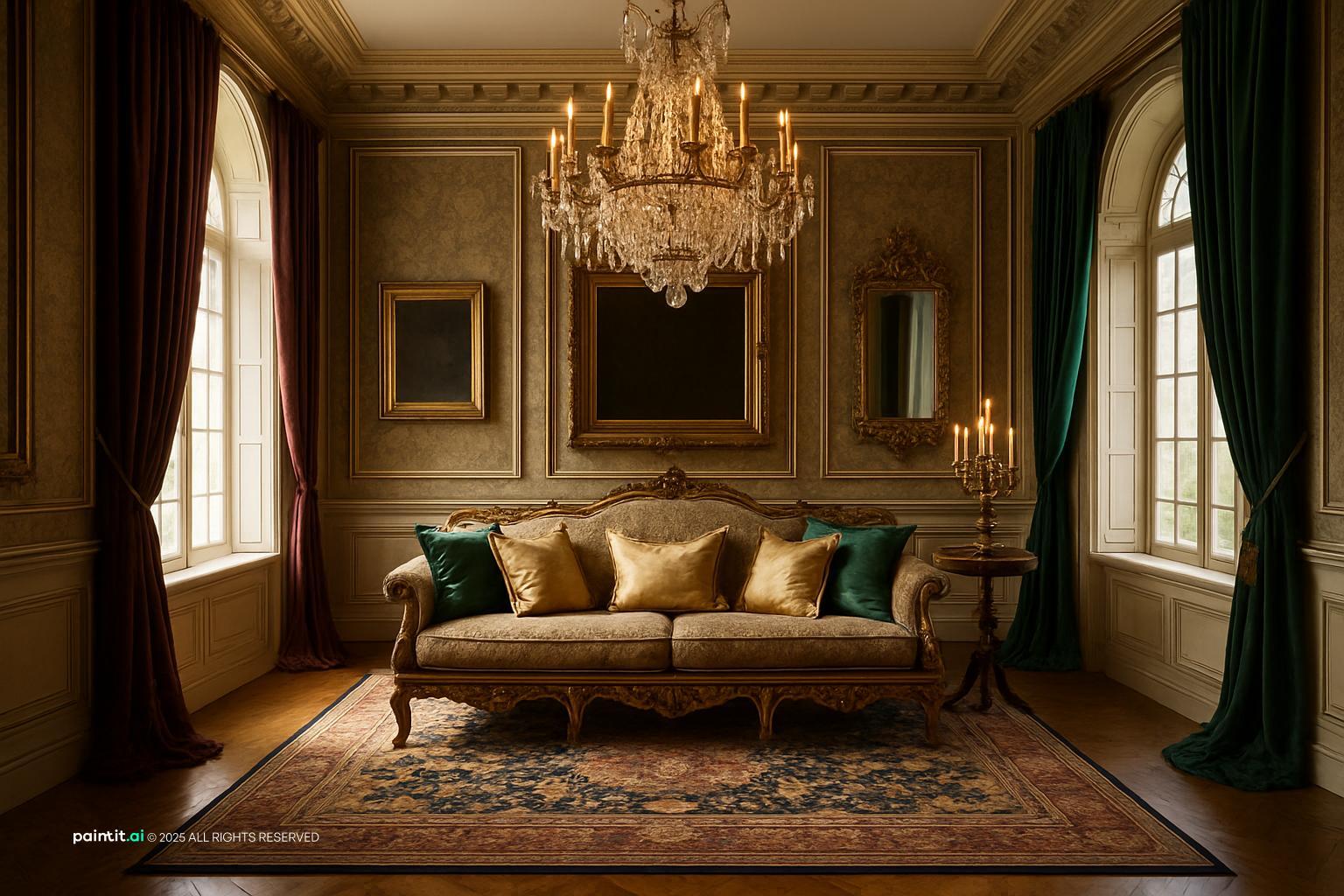 Baroque-inspired salon with gilded wall panels, a curved sofa, a crystal chandelier and heavy curtains