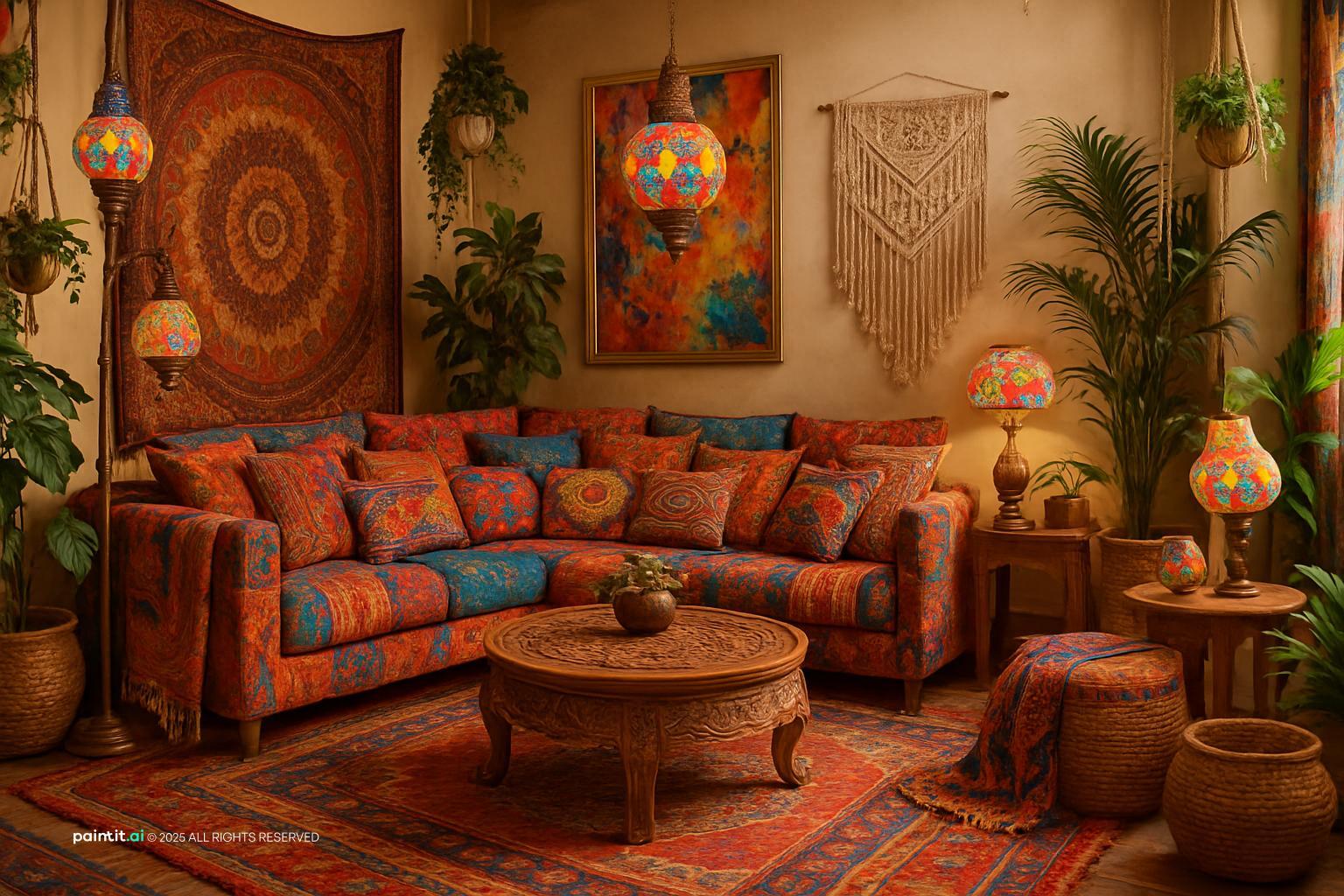Bohemian living room with a red patterned sectional, a tapestry, lanterns and a carved round table