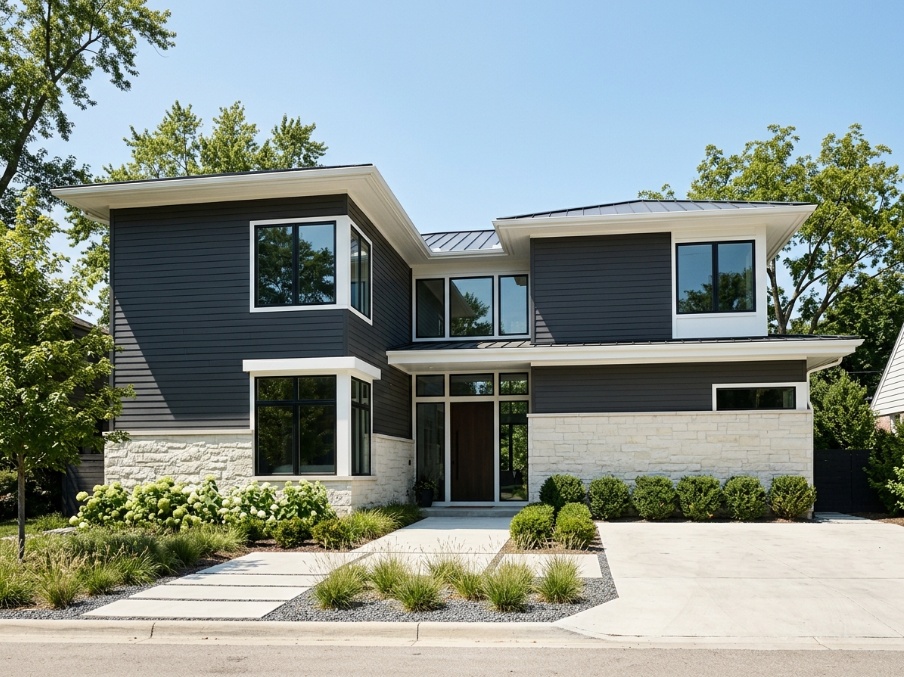 Contemporary home in dark charcoal gray siding with pale stone base contrast.