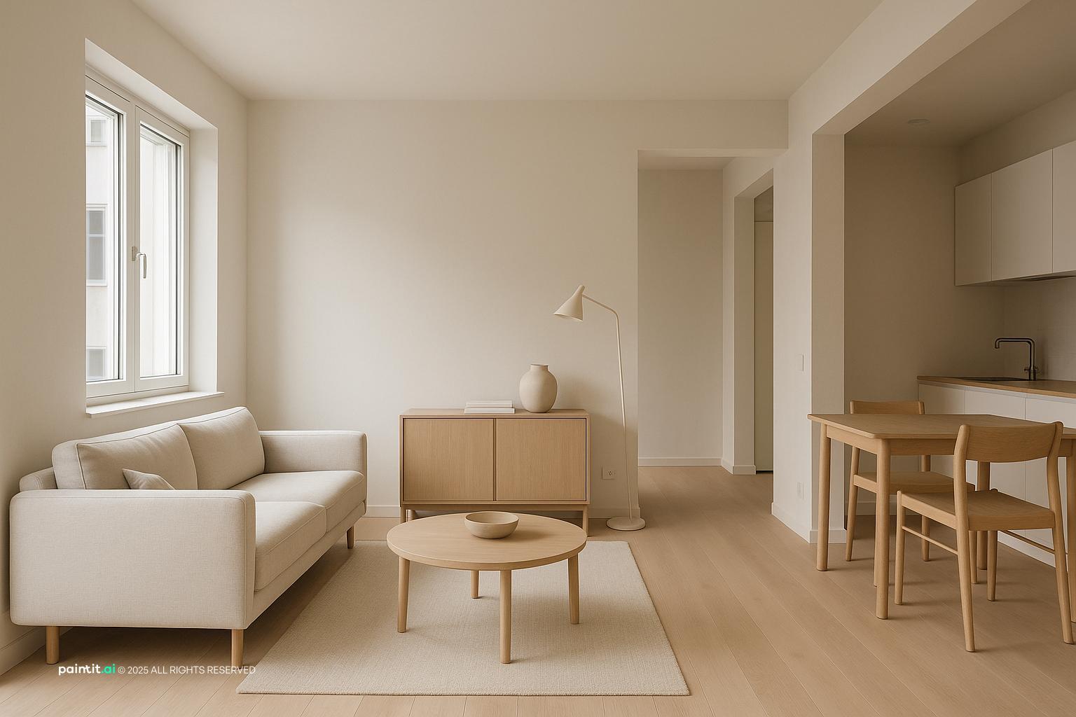 Minimalist small house interior with a light sofa, a round coffee table and a dining area in one open room