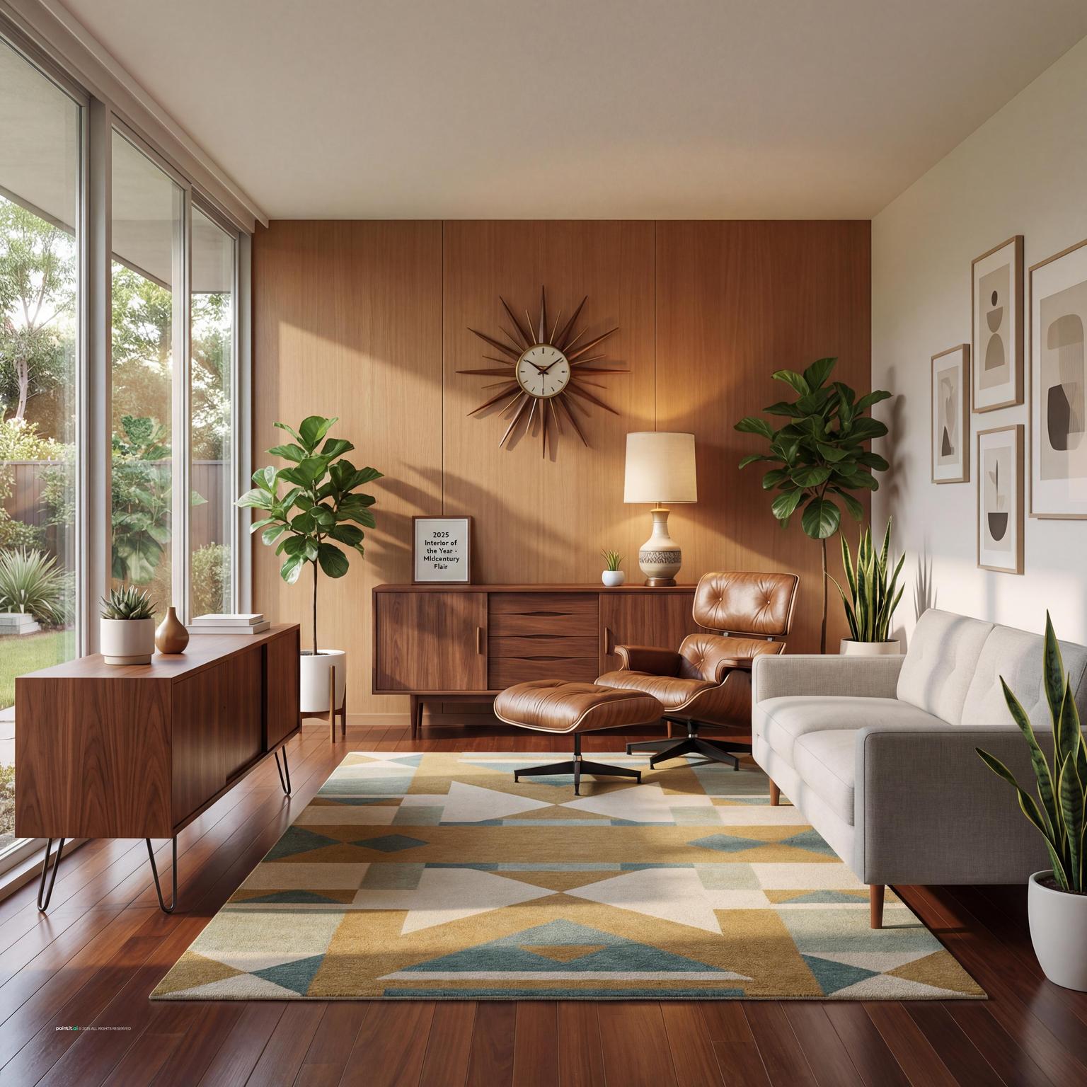 Classic midcentury modern living room design, reimagined with 70s inspired elements like warm wood, textured fabrics, and bold accents.