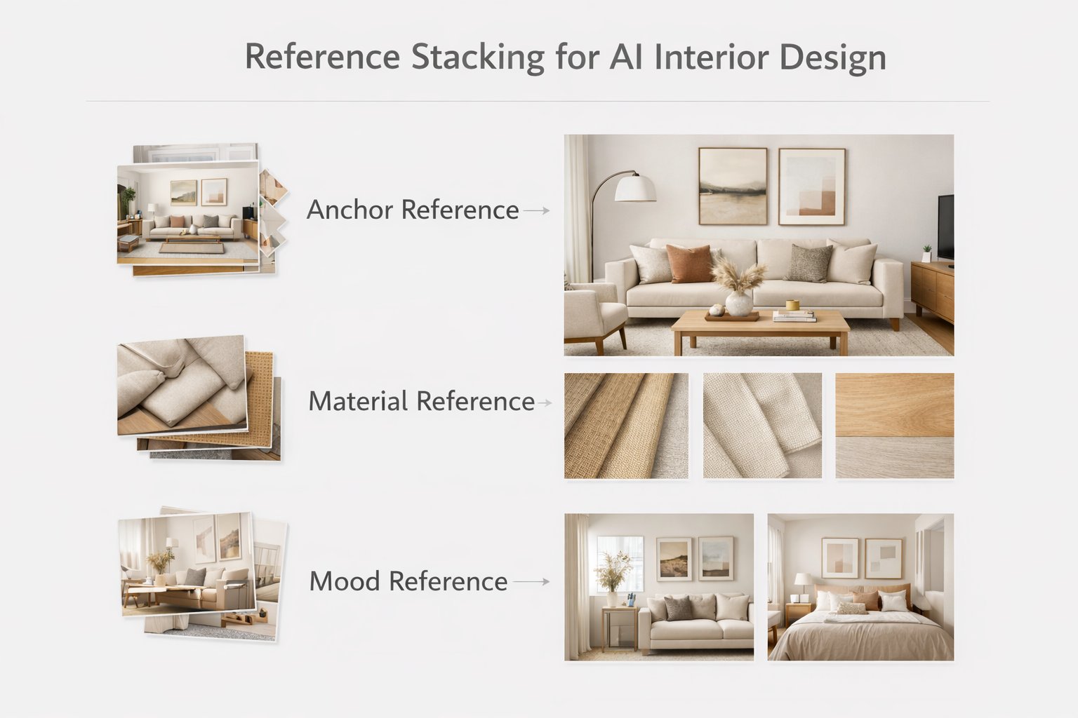 Visual explanation of anchor reference, material reference, and mood reference in a Pinterest-inspired Paintit.ai workflow