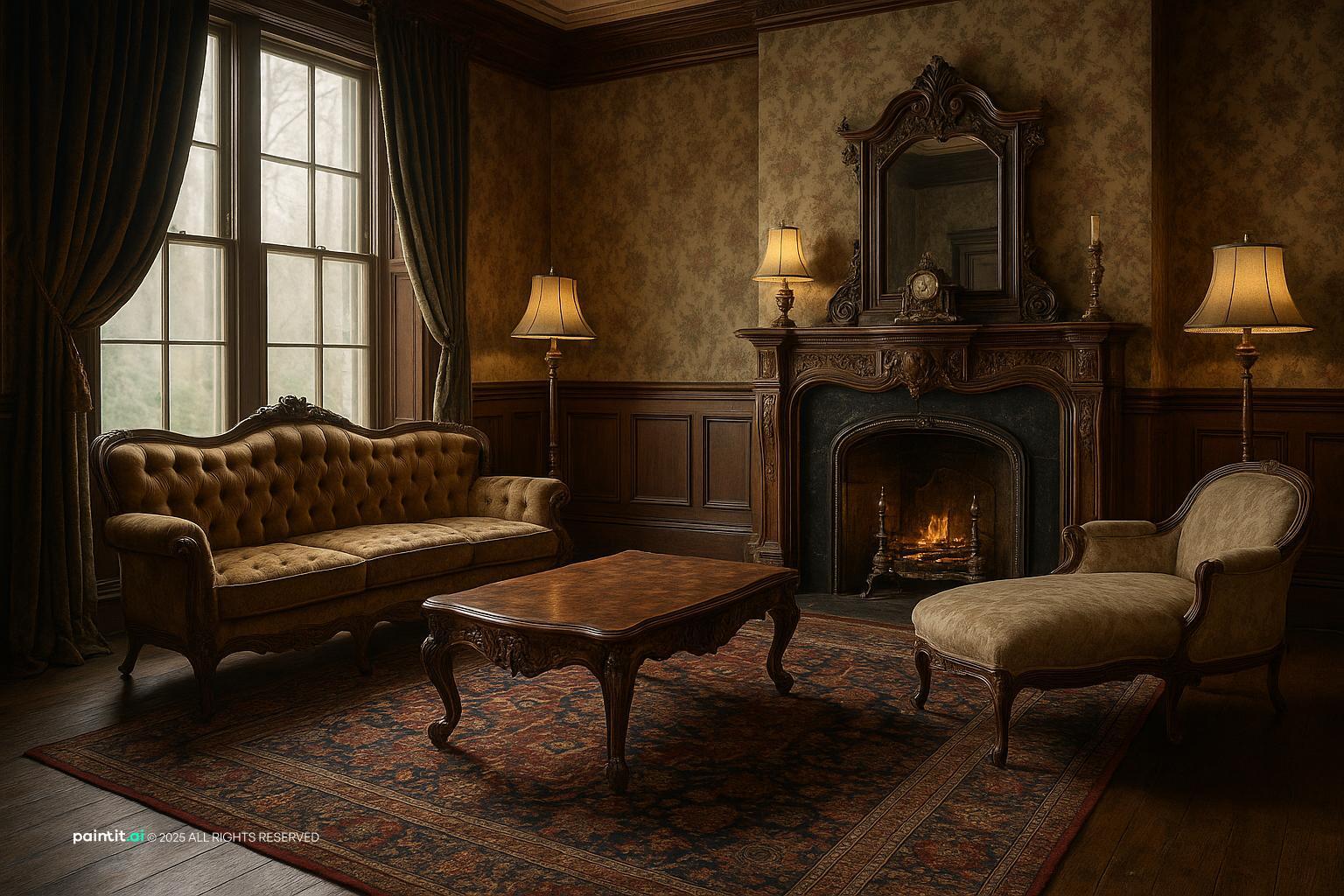 Victorian sitting room with a carved overmantel mirror above the fireplace, a button-back sofa and a chaise longue