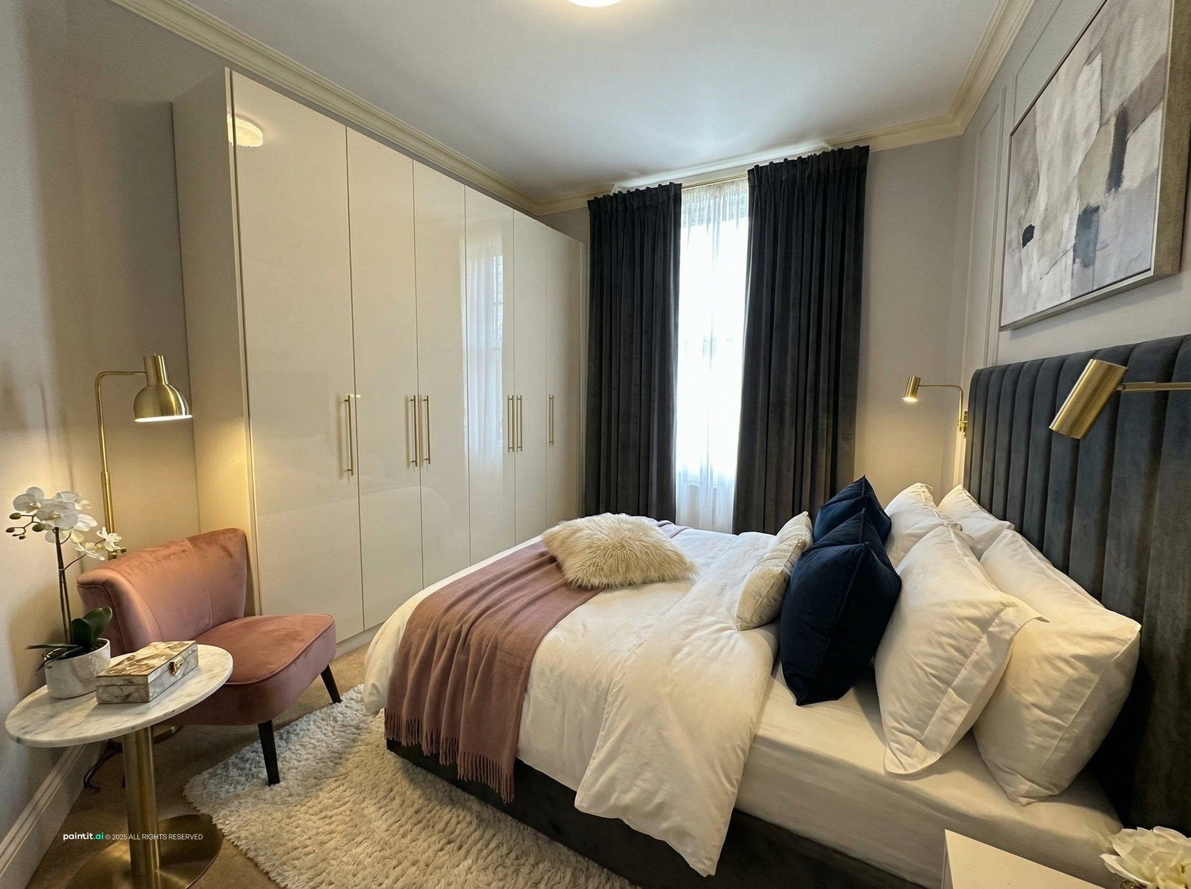 Small boutique hotel room with a tall channel-tufted headboard, brass wall lamps and a full wall of white wardrobes