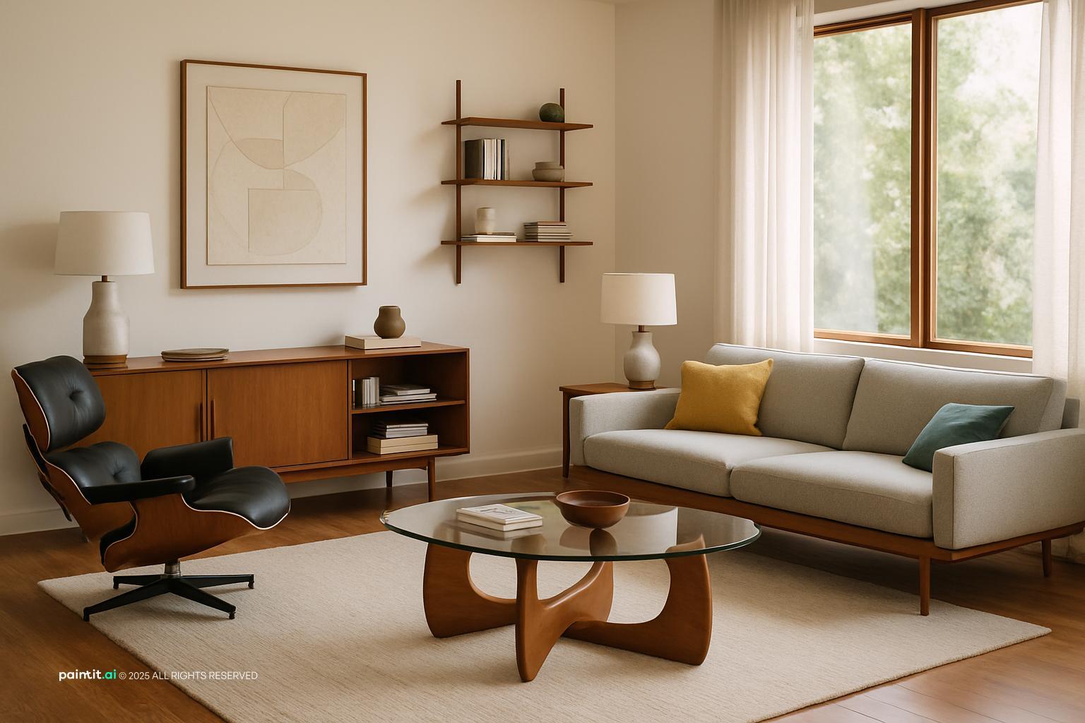 Mid century living room with a lounge chair, a glass-top coffee table and a teak sideboard