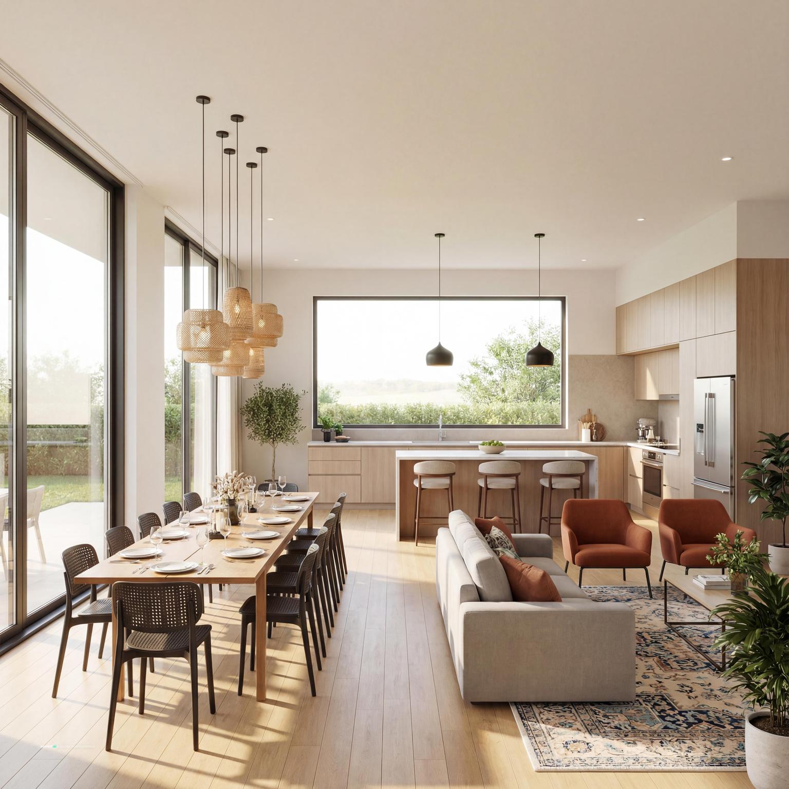 Stylish open-concept living space design, perfect for making a very small living room feel larger, brighter, and more versatile.