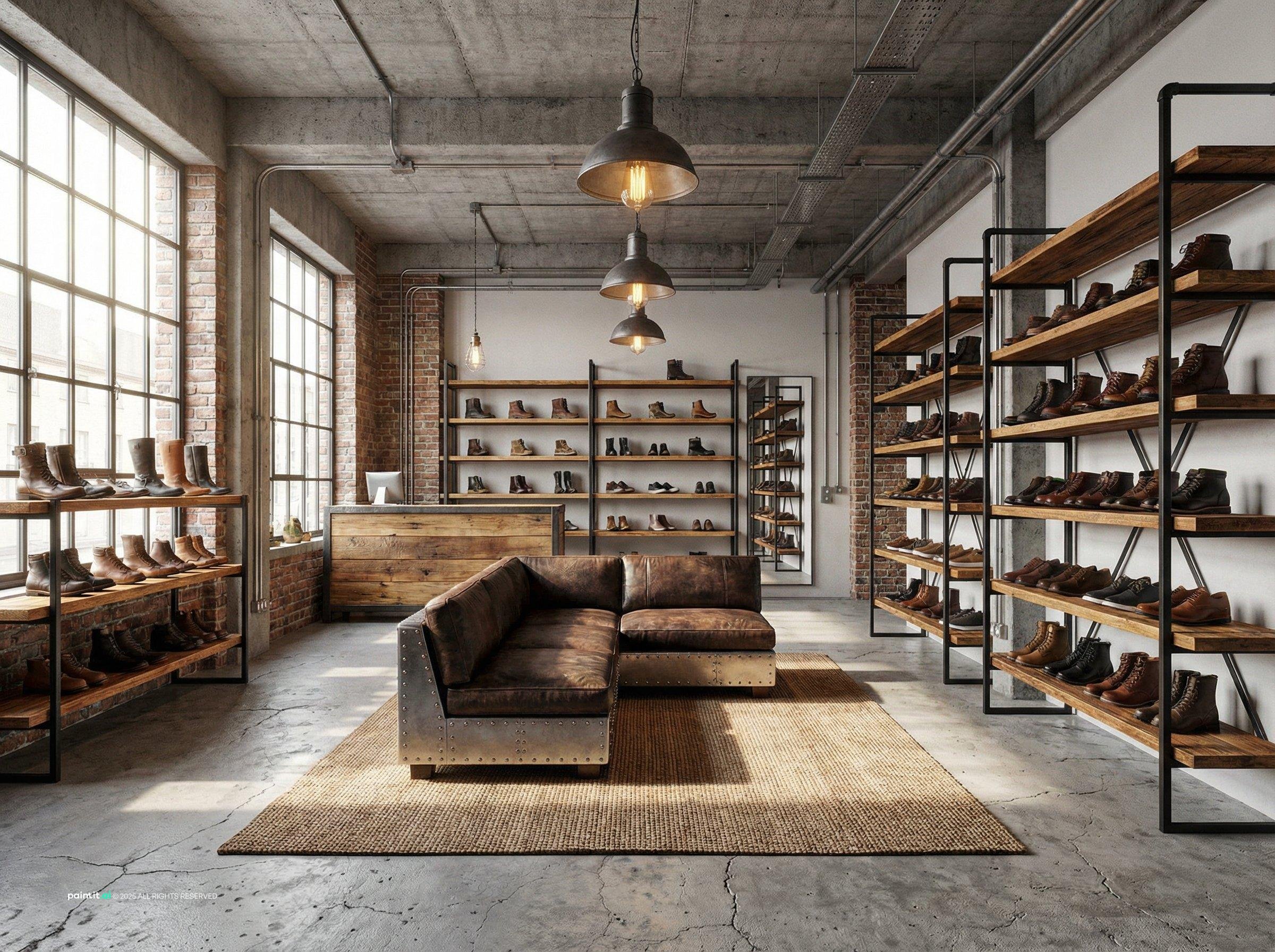 Industrial-style footwear store with high ceilings, dark metal shelving, a leather sofa and a concrete floor