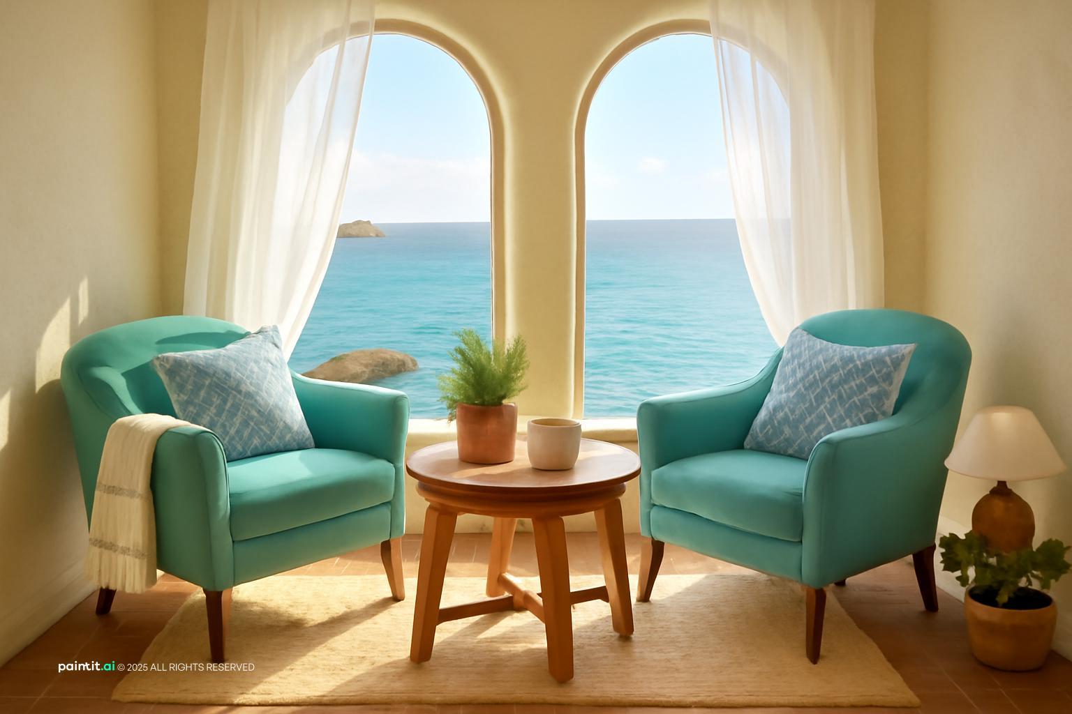 Reading nook with two teal armchairs and a wooden table between arched windows overlooking the sea