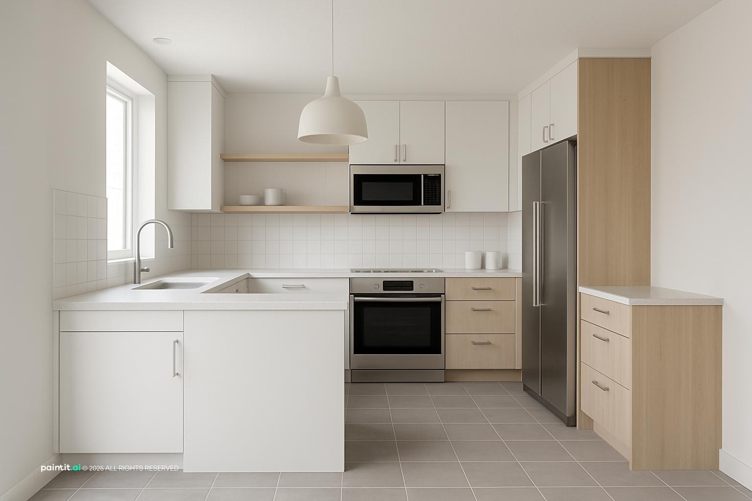 Light Scandinavian kitchen with white cabinets, open shelves and pale wood details