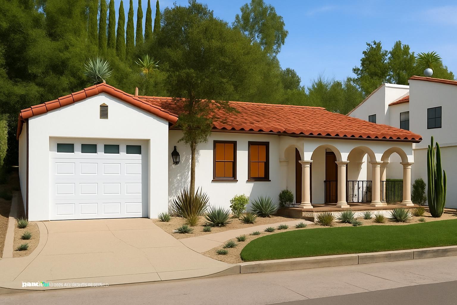 Spanish Colonial house with white stucco walls, a red tile roof and arched window openings
