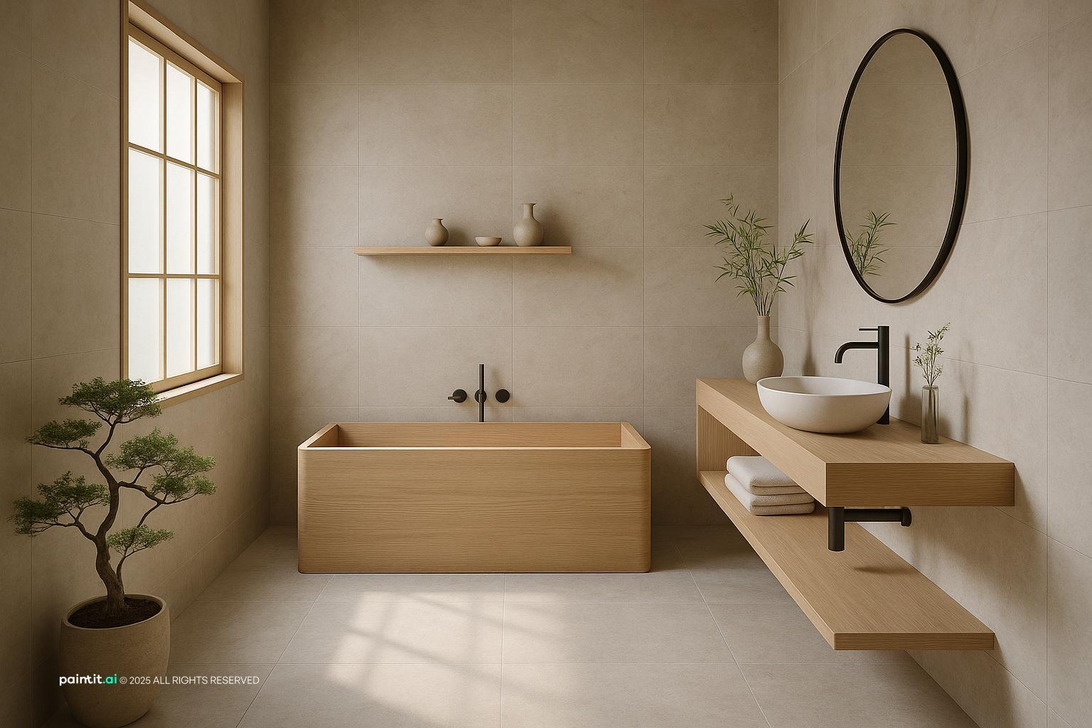 Calm Minimalist Bathroom with Hidden Storage for Muji Style Interior Design