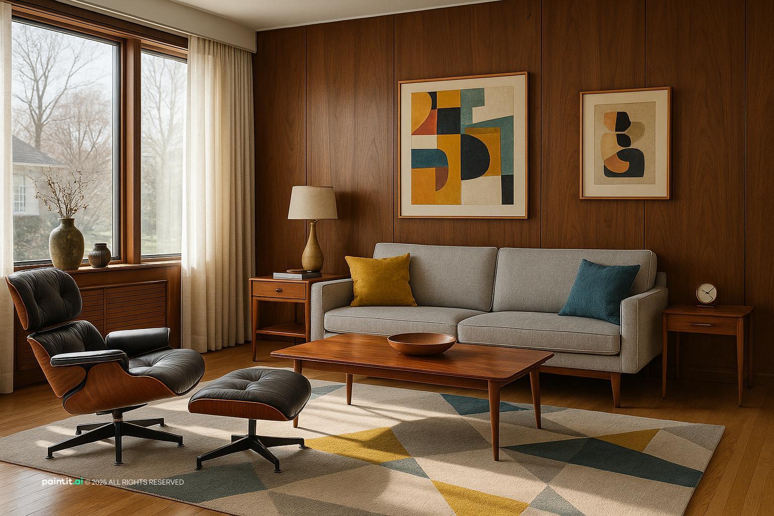 1960s living room with walnut paneling, a gray sofa, a leather lounge chair, abstract art and a patterned rug
