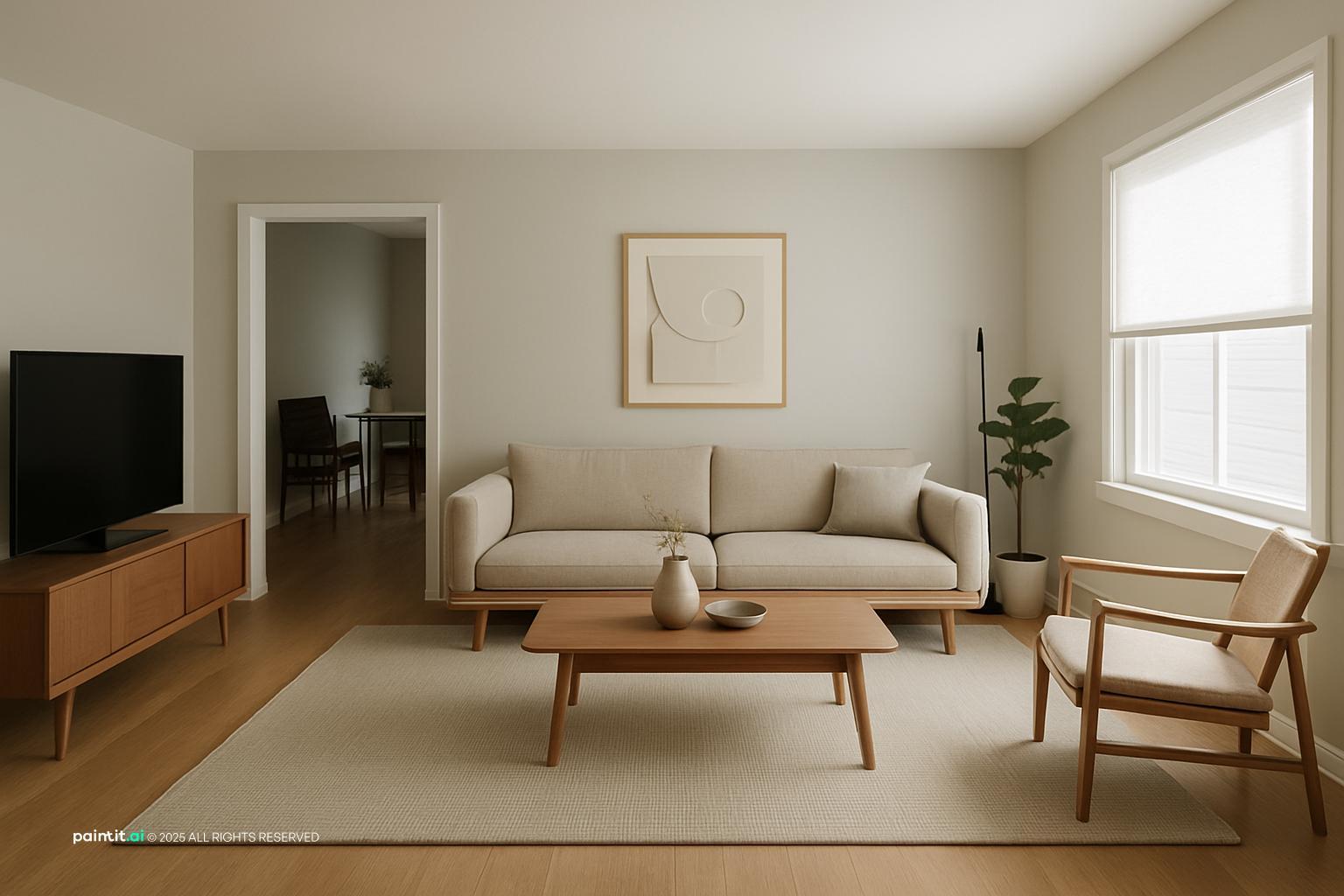 Minimal Japandi living room with a pale sofa, a walnut coffee table, a mid-century chair and white walls