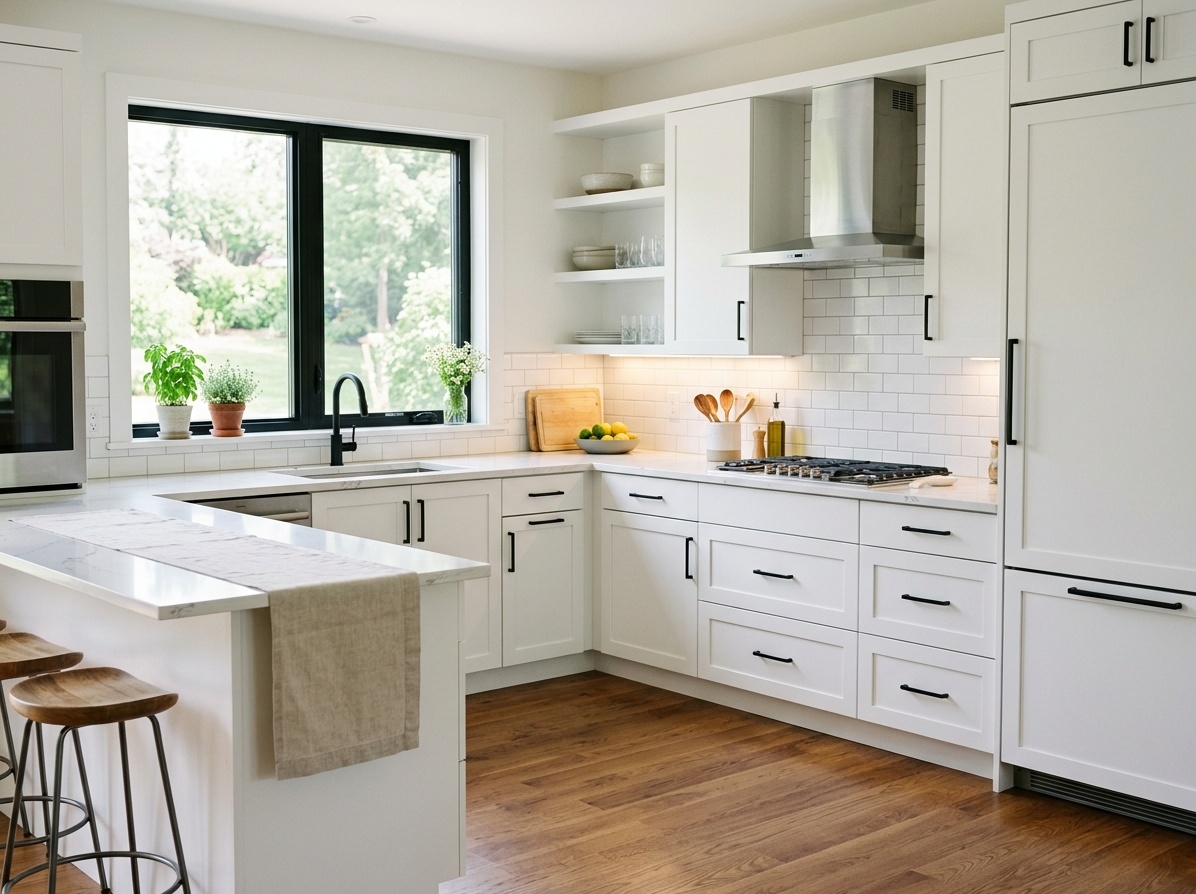Bright kitchen with crisp white flat-panel cabinets, matte black hardware,  white quartz countertop, and warm brown hardwood floors