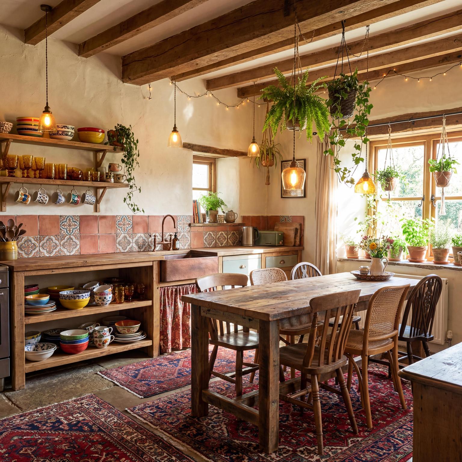 New Mexico Southwestern interior with adobe terracotta turquoise textiles and exposed beams 9