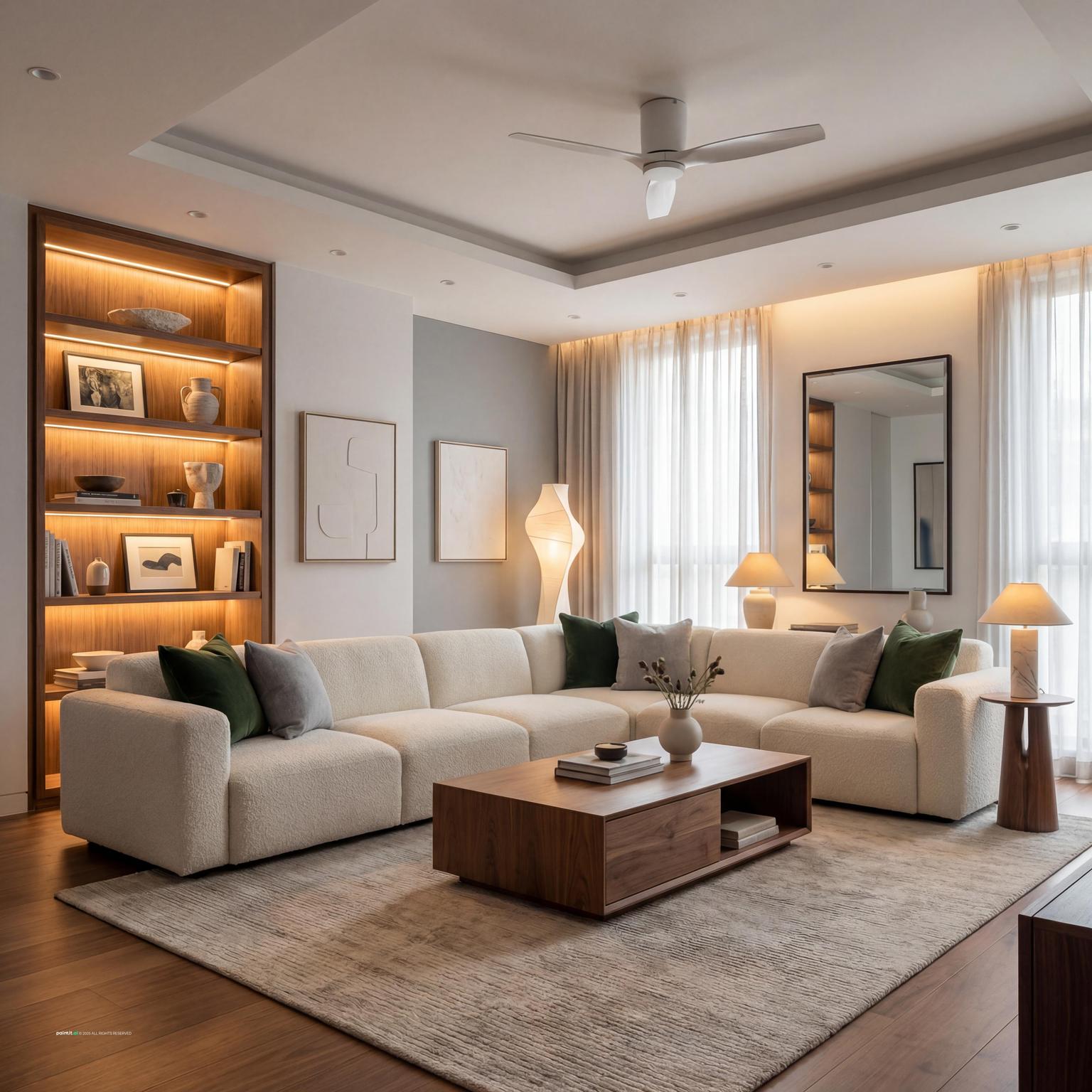 Elegant contemporary living room design, balancing modern aesthetics with classic comfort, refined textures, and understated living room luxury.
