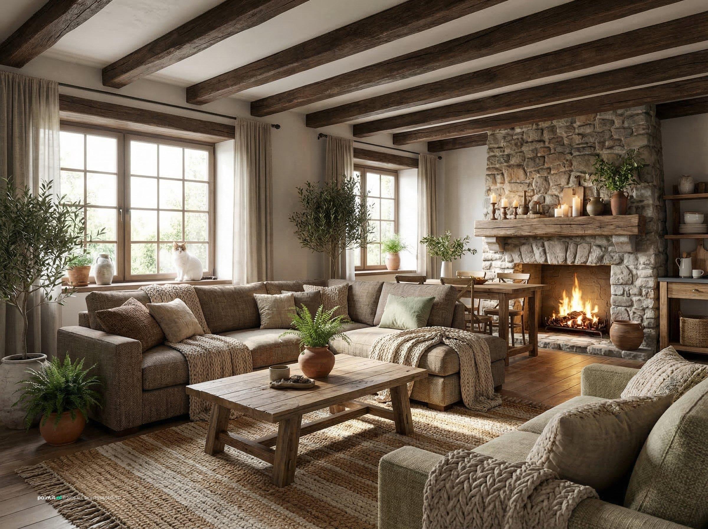 Earthy living room with a stone fireplace, linen sofas and wooden beams