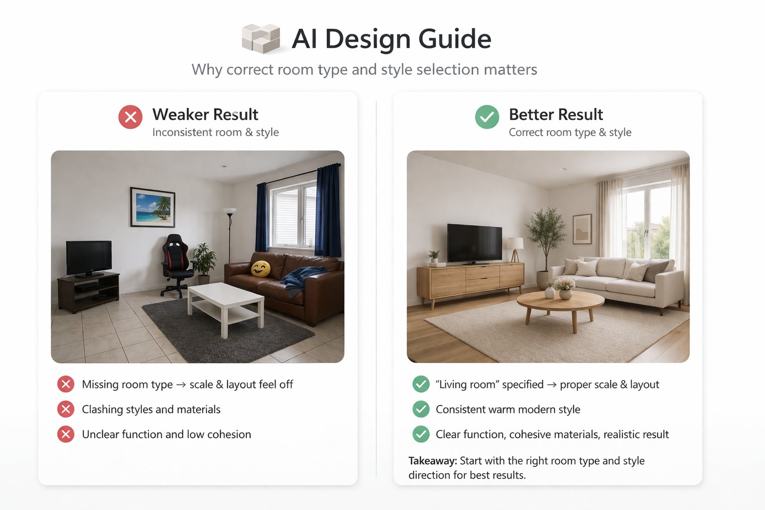 Educational comparison showing stronger AI design results when room type and style controls are used correctly
